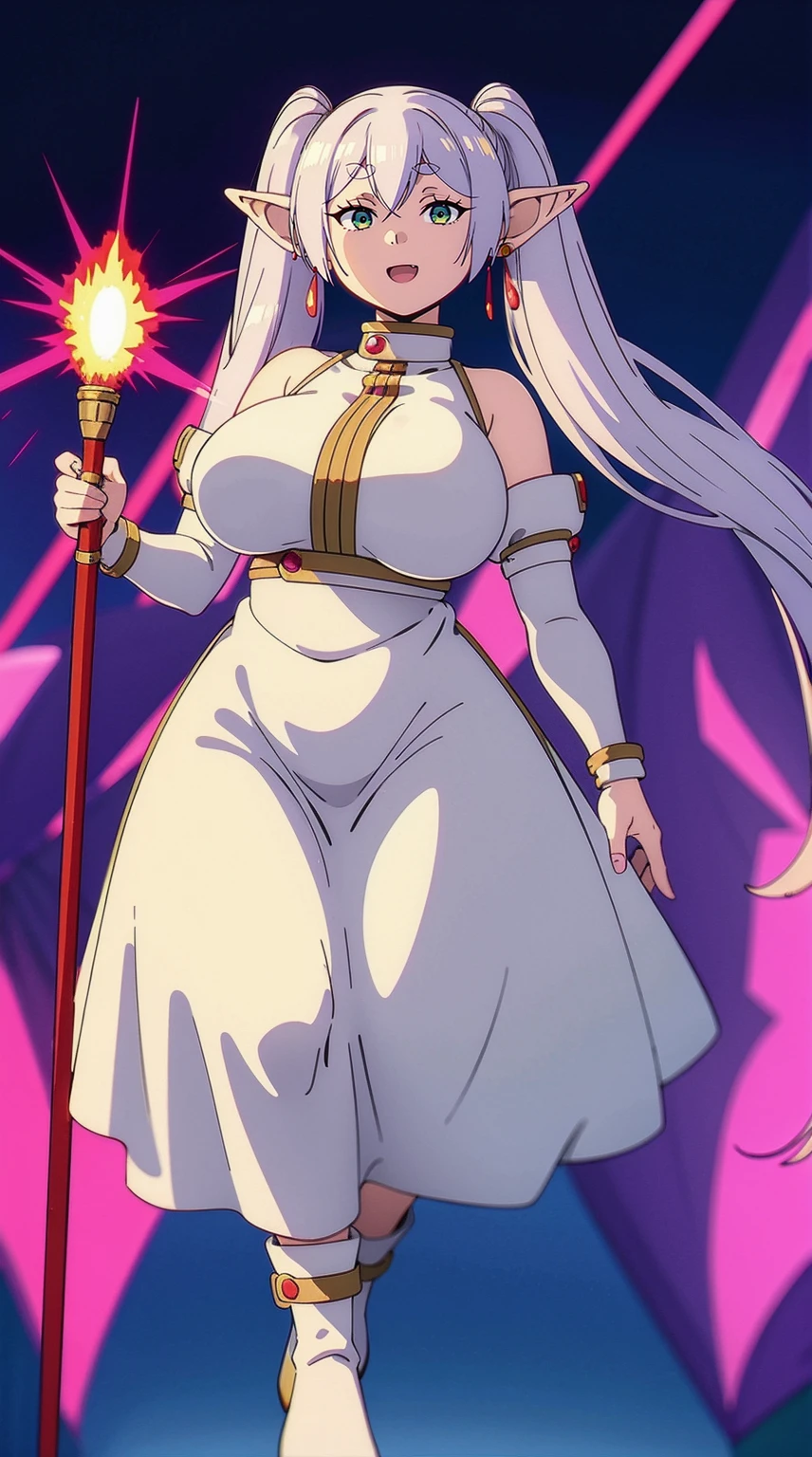 1girl,solo,elf,white hair,grey hair,earrings,pointy ears,long hair,ponytail,green eyes,twintails,parted bangs,thick eyebrows,,, holy magicalgirl, open mouth fang, holy haura, , smile, joyfull, paladin, staff holding, full body , boots, standing,cute,breast, curvy, female,fantasy goddess,there is a cartoon picture of a woman with a very large breast, glowing divine being, glowing holy aura, inspired by Luma Rouge, the non-binary deity of spring, ethereal rainbow nimbus, the butterfly goddess of fire, inspired by Mariel, glowing aura around her, astral wind, as the goddess of the saturn, “uwu the prismatic person, big breast, serious, beautiful eyes, , full body, walking, long robe, long dress, ,priestess ,holy, smile, god rays, ray tracing, sparkle, cinematic lighting, UHD, retina, masterpiece, ccurate, anatomically correct, textured skin, super detail, high details, high quality, award winning, best quality, highres, 1080P, HD, 4K, thunder aura, light aura,full