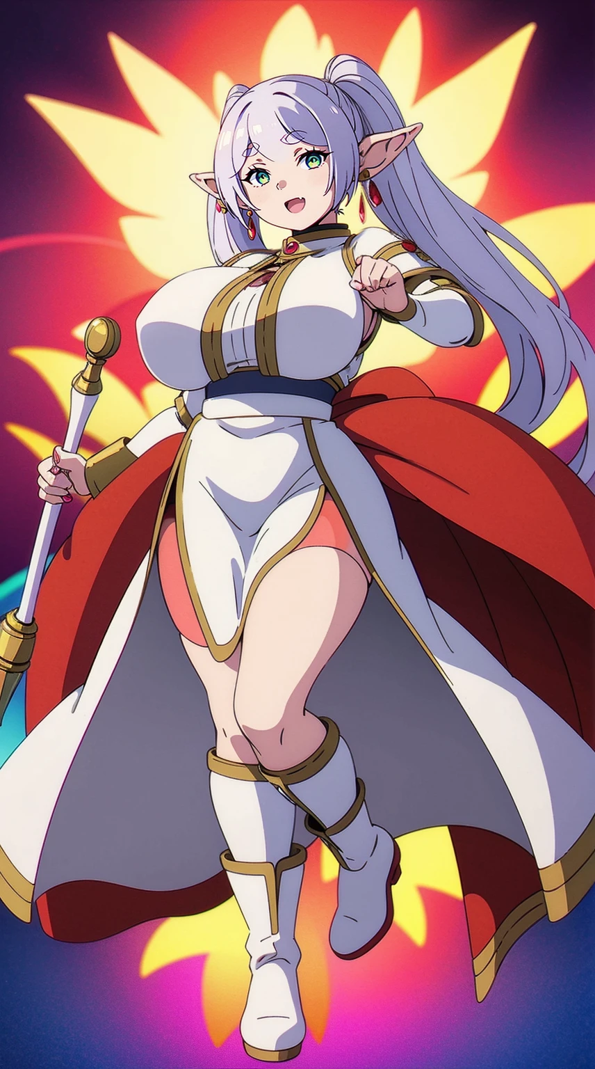 1girl,solo,elf,white hair,grey hair,earrings,pointy ears,long hair,ponytail,green eyes,twintails,parted bangs,thick eyebrows,,, holy magicalgirl, open mouth fang, holy haura, , smile, joyfull, paladin, staff holding, full body , boots, standing,cute,breast, curvy, female,fantasy goddess,there is a cartoon picture of a woman with a very large breast, glowing divine being, glowing holy aura, inspired by Luma Rouge, the non-binary deity of spring, ethereal rainbow nimbus, the butterfly goddess of fire, inspired by Mariel, glowing aura around her, astral wind, as the goddess of the saturn, “uwu the prismatic person, big breast, serious, beautiful eyes, , full body, walking, long robe, long dress, ,priestess ,holy, smile, god rays, ray tracing, sparkle, cinematic lighting, UHD, retina, masterpiece, ccurate, anatomically correct, textured skin, super detail, high details, high quality, award winning, best quality, highres, 1080P, HD, 4K, thunder aura, light aura,full