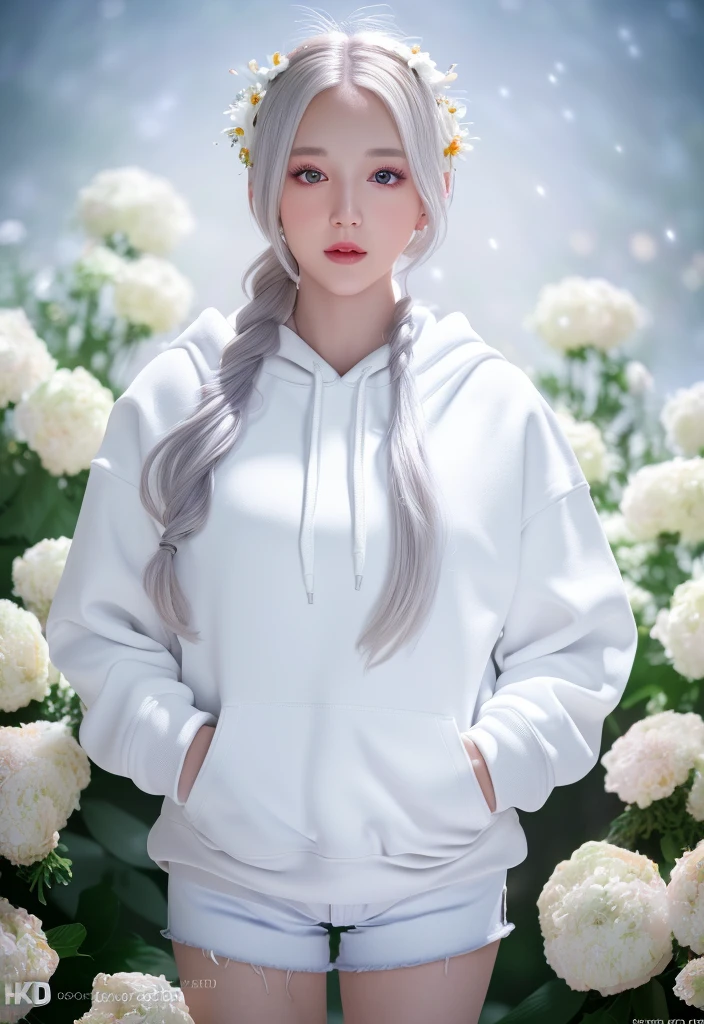 One girl, beautiful, long white hair, hair tied back, flower decoration in hair, white hoodie, short jeans, glowing eyes, body full of details, (((very realistic))), (((8k resolution))), (((ultra HD))), (((HD effects))), clear sky, colorful flower garden, full body appearance,(((ultra detailed)))