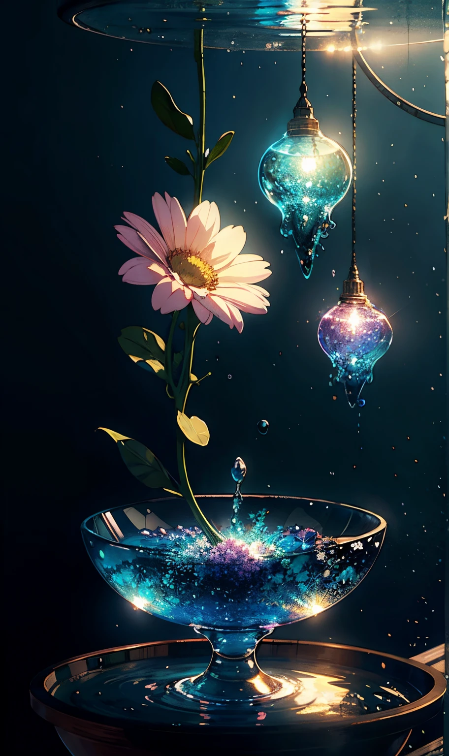 Wallpaper, fantasy hanging garden, blue sky, floating flower sea, colorful flowers. Crystal fountain, HD detail, hyper-detail, cinematic, surrealism, soft light, deep field focus bokeh, ray tracing, diffuse (ultra-fine glass reflections), and hyperrealism. --v 6