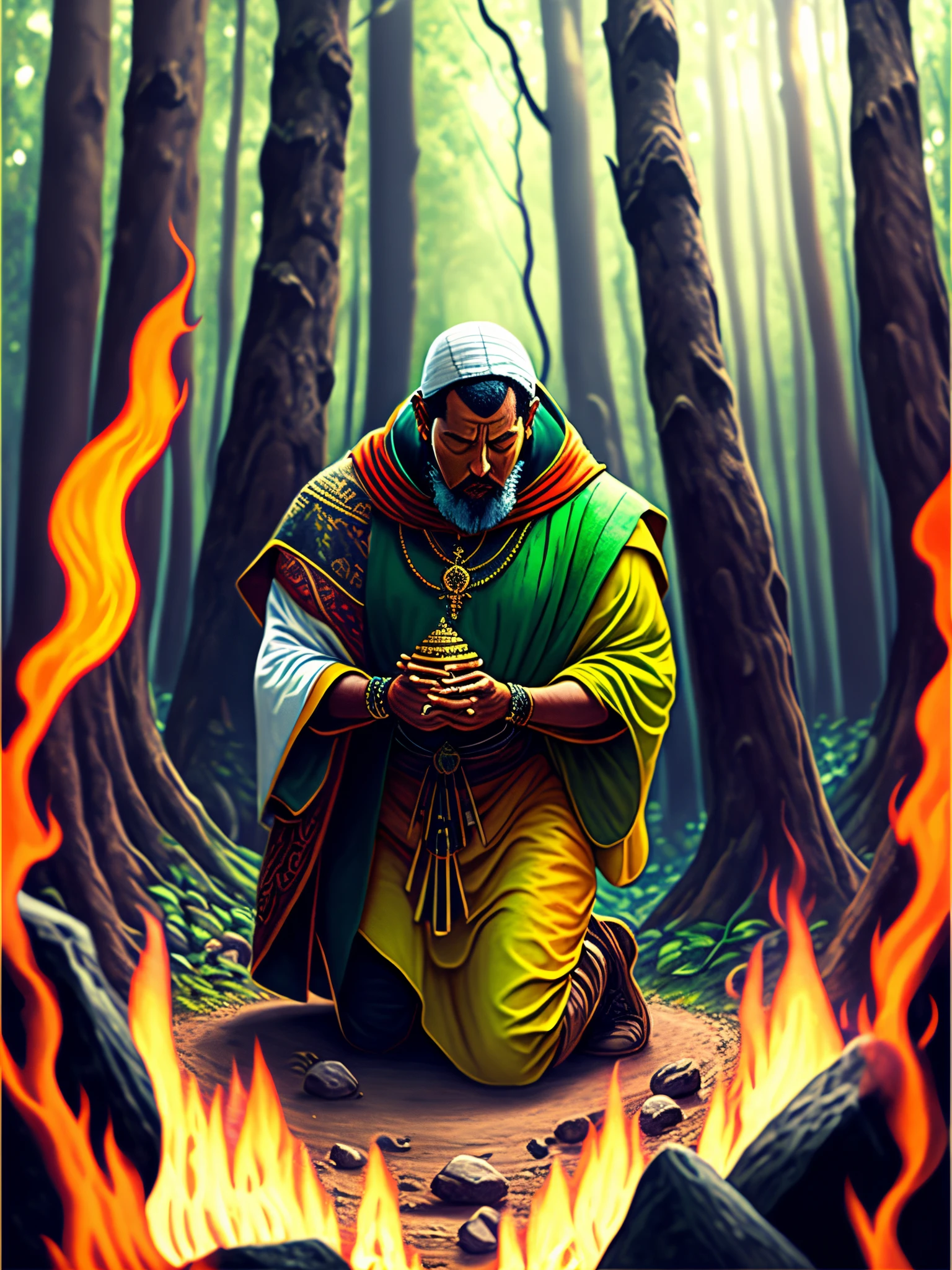 Criar poster colorido 3d inspirado na Disney pixar capturando uma cena com um homem alto, de 46 anos de idade, careca, olhos castanhos, barba bem curta preta, he is in the middle of a shamanic ceremony, he is kneeling praying in front of the fire, he is wearing a necklace with black onyx stone, tem um extraterrestre ao lado dele, he is in a very green and wide forest, with an eagle flying.