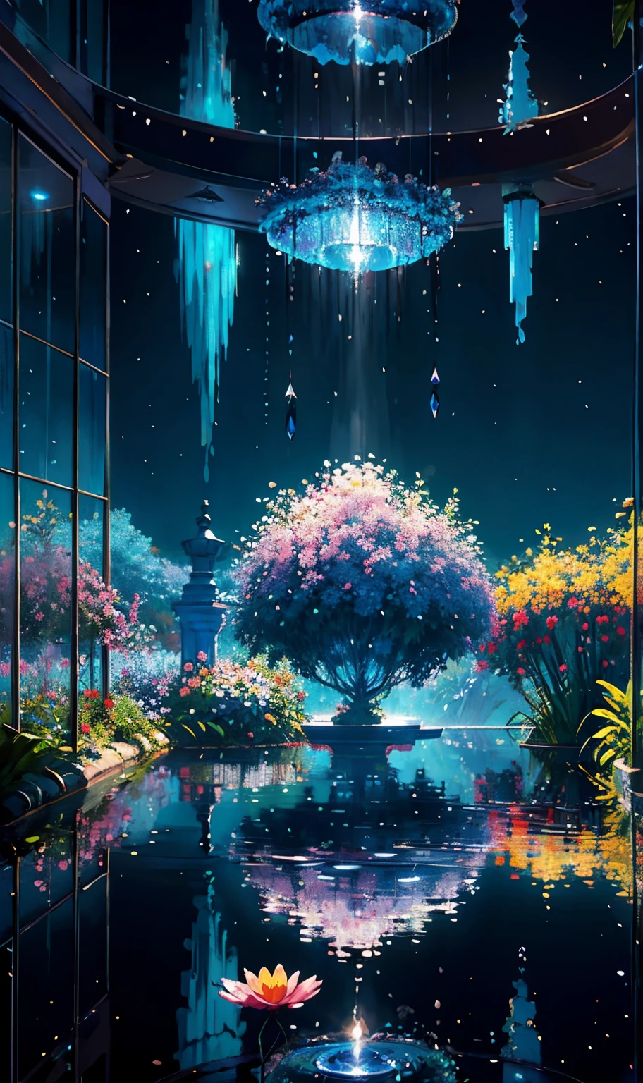 Wallpaper, fantasy hanging garden, blue sky, floating flower sea, colorful flowers. Crystal fountain, HD detail, hyper-detail, cinematic, surrealism, soft light, deep field focus bokeh, ray tracing, diffuse (ultra-fine glass reflections), and hyperrealism. --v 6