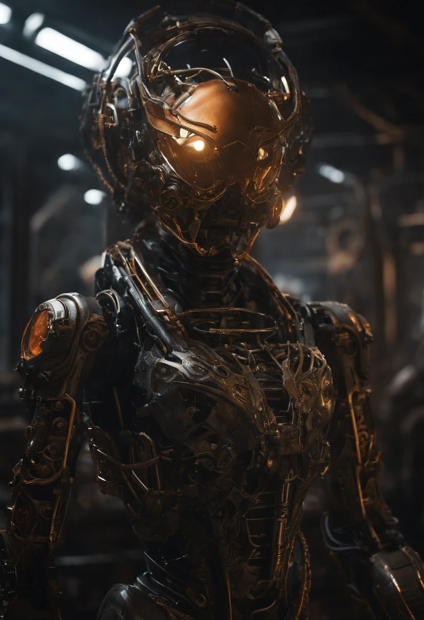 Envision an awe-inspiring scene featuring an extremely complex humanoid-model, meticulously highlighting every intricate detail, including gears, cables, and wire work throughout its body. Imagine this image in stunning 8K movie quality, capturing the essence of the damage and scratches that tell a narrative of relentless battles and wear.

Zoom in on the micro-details of the humanoid's internal machinery, showcasing the intricate arrangement of gears, the labyrinth of cables, and the precise layout of wire work. Emphasize the level of complexity that contributes to its advanced functionality and aesthetic appeal.

Highlight the battle-worn exterior, focusing on damage and scratches that tell a story of intense encounters and warfare. Capture the reflections of light on the scratched metal and chipped paint, enhancing the realism and depth of the humanoid's worn appearance.

Consider the lighting, allowing it to play a crucial role in accentuating the micro-details. Utilize cinematic lighting to cast dynamic shadows that enhance the three-dimensional quality of the humanoid, creating an immersive visual experience.

Imagine the slim humanoid in a dynamic pose, perhaps mid-action or standing amidst a dystopian environment that complements its battle-hardened appearance with glowing Eye LEDs. Integrate elements like sparks emanating from damaged components and atmospheric effects that add to the overall cinematic quality of the scene.

This detailed prompt aims to inspire the creation of an extraordinary and visually immersive depiction of an extremely complex humanoid-model in 8K movie quality, focusing on extreme micro-details of gears, cables, and wire work, while showcasing the damage and scratches that tell a compelling narrative of its battle-worn existence, painted in scuffed orange and black