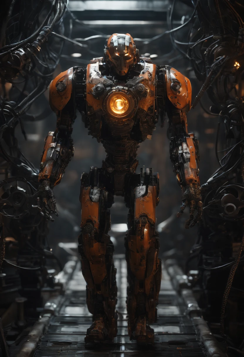 Envision an awe-inspiring scene featuring an extremely complex humanoid-model, meticulously highlighting every intricate detail, including gears, cables, and wire work throughout its body. Imagine this image in stunning 8K movie quality, capturing the essence of the damage and scratches that tell a narrative of relentless battles and wear.
Zoom in on the micro-details of the humanoid's internal machinery, showcasing the intricate arrangement of gears, the labyrinth of cables, and the precise layout of wire work. Emphasize the level of complexity that contributes to its advanced functionality and aesthetic appeal.
Highlight the battle-worn exterior, focusing on damage and scratches that tell a story of intense encounters and warfare. Capture the reflections of light on the scratched metal and chipped paint, enhancing the realism and depth of the humanoid's worn appearance.
Consider the lighting, allowing it to play a crucial role in accentuating the micro-details. Utilize cinematic lighting to cast dynamic shadows that enhance the three-dimensional quality of the humanoid, creating an immersive visual experience.
Imagine the slim humanoid in a dynamic pose, perhaps mid-action or standing amidst a dystopian environment that complements its battle-hardened appearance with glowing Eye LEDs. Integrate elements like sparks emanating from damaged components and atmospheric effects that add to the overall cinematic quality of the scene.
This detailed prompt aims to inspire the creation of an extraordinary and visually immersive depiction of an extremely complex humanoid-model in 8K movie quality, focusing on extreme micro-details of gears, cables, and wire work, while showcasing the damage and scratches that tell a compelling narrative of its battle-worn existence, painted in scuffed orange and black