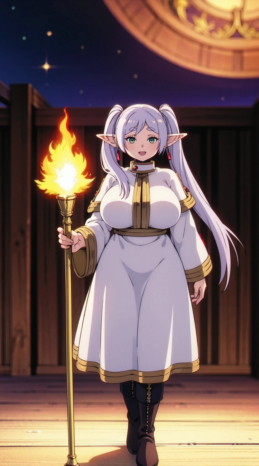 1girl,solo,elf,white hair,grey hair,earrings,pointy ears,long hair,ponytail,green eyes,twintails,parted bangs,thick eyebrows,,, holy magicalgirl, open mouth fang, holy haura, , smile, joyfull, paladin, staff holding, full body , boots, standing,cute,breast, curvy, female,fantasy goddess,there is a cartoon picture of a woman with a very large breast, glowing divine being, glowing holy aura, inspired by Luma Rouge, the non-binary deity of spring, ethereal rainbow nimbus, the butterfly goddess of fire, inspired by Mariel, glowing aura around her, astral wind, as the goddess of the saturn, “uwu the prismatic person, big breast, serious, beautiful eyes, , full body, walking, long robe, long dress, ,priestess ,holy, smile, god rays, ray tracing, sparkle, cinematic lighting, UHD, retina, masterpiece, ccurate, anatomically correct, textured skin, super detail, high details, high quality, award winning, best quality, highres, 1080P, HD, 4K, thunder aura, light aura,full, closed mouth, serious