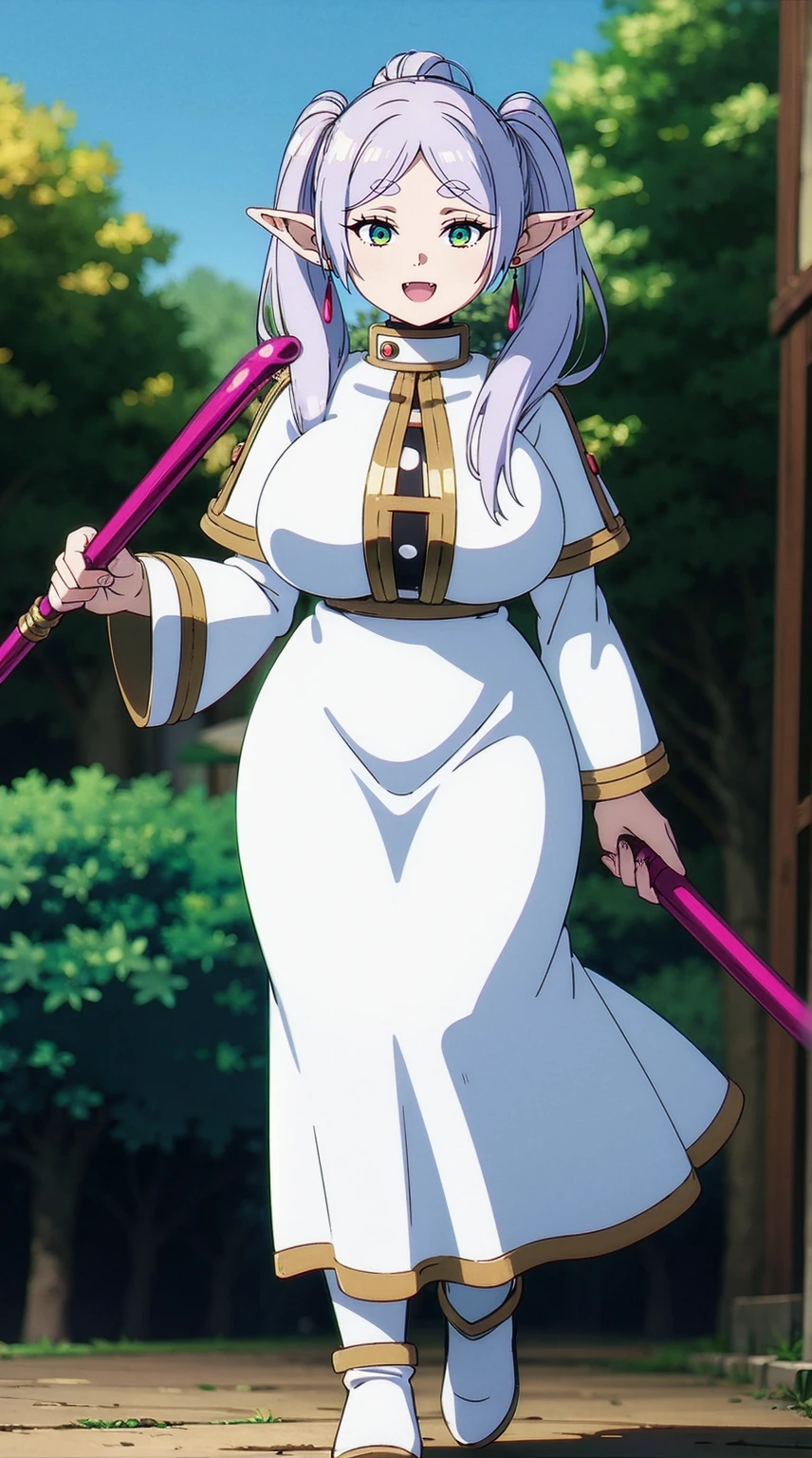 1girl,solo,elf,white hair,grey hair,earrings,pointy ears,long hair,ponytail,green eyes,twintails,parted bangs,thick eyebrows,,, holy magicalgirl, open mouth fang, holy haura, , smile, joyfull, paladin, staff holding, full body , boots, standing,cute,breast, curvy, female,fantasy goddess,there is a cartoon picture of a woman with a very large breast, glowing divine being, glowing holy aura, inspired by Luma Rouge, the non-binary deity of spring, ethereal rainbow nimbus, the butterfly goddess of fire, inspired by Mariel, glowing aura around her, astral wind, as the goddess of the saturn, “uwu the prismatic person, big breast, serious, beautiful eyes, , full body, walking, long robe, long dress, ,priestess ,holy, smile, god rays, ray tracing, sparkle, cinematic lighting, UHD, retina, masterpiece, ccurate, anatomically correct, textured skin, super detail, high details, high quality, award winning, best quality, highres, 1080P, HD, 4K, thunder aura, light aura,full, closed mouth, serious