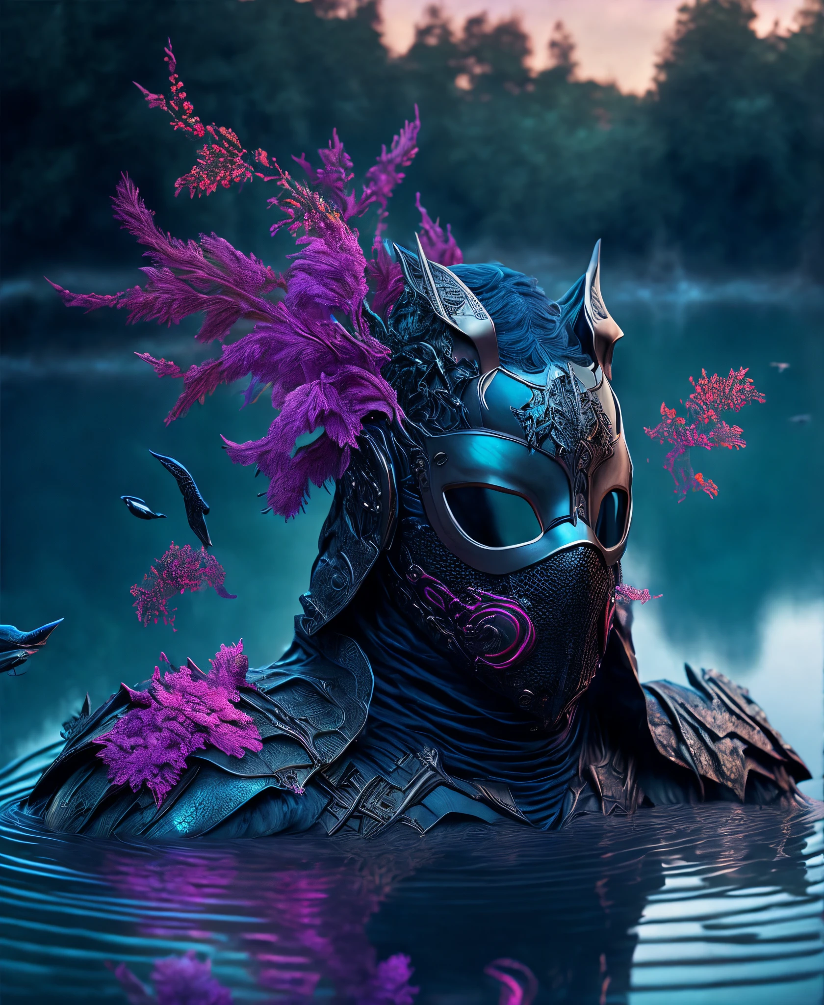 (extremely detailed 8k wallpaper), Close-up ( masked water-man From Marvel dressed in Goth style: 1.3) emerging from a lake, colourful nature colours, extremely detailed, volumetric lighting