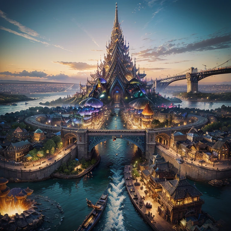 (masterpiece:1.2), extremely intricate details, ff14style, dynamic painting, depicting a bustling city with a majestic bridge spanning wide rivers, surrounded by towering giant mushrooms. The vast landscape bursts with vivid colors