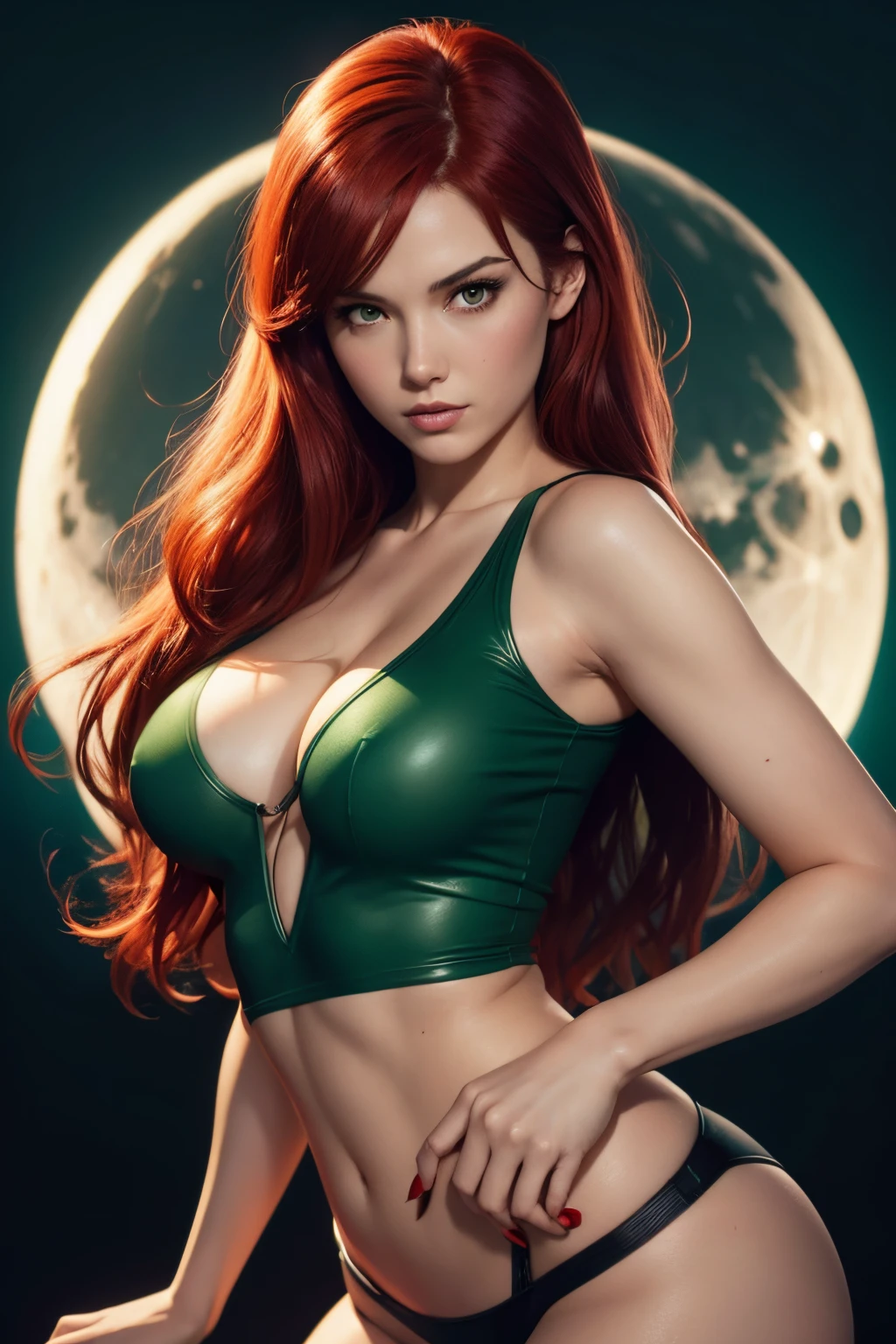 in the style of Artgerm and Adam Hughes, sexy green wet t-shirt woman, mary jane watson, spider-woman, red hair, in the moon, no bra, ultra high def, 32k,