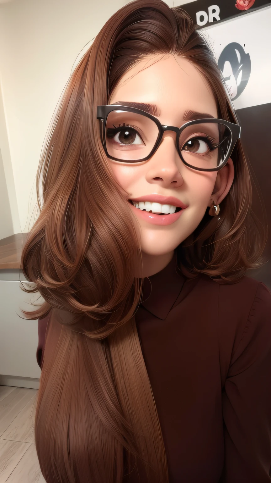 master part, best quality, 1st grade, olhos castanhos, pele clara, usando oculos, brown hair, cabelos ondulados, short hair, Brincos, jewelries,  Camisa comprida, fundo simples, sozinho, parte superior do corpo