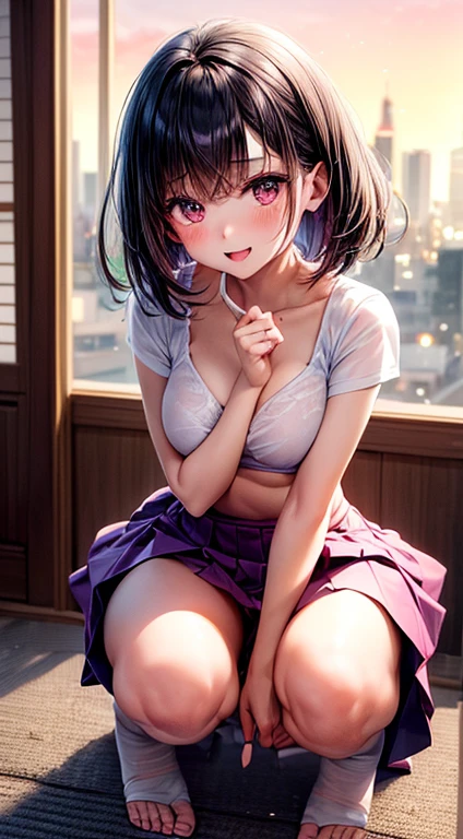 Raise the hem of the skirt with both hands,Flipping up a skirt,Japan schoolgirl in uniform、((Cute panties can be seen with a pink border pattern))、(Squatting panty shots),Navy blue micro mini pleated skirt,See-through wet white shirt and bra,Cute underwear with pink border pattern,((top-quality,8K,masterpiece:1.3)),Crisp focus:1.2,Cute woman with perfect body shape:1.4,The best smile,Young Face、You can see the double teeth、Light Brown Medium Bob Hair、A slender,abdominals:1.2,Oiled shiny skin,Highly detailed facial and skin texture,A detailed eye,二重まぶた,mekosji,((full body Esbian,Open legs:1.5,)),(japanaese girl),(Do not hide the lower body:1.6),Tokyo cityscape at night、Bokeh background、Nogizaka Idol System、Idol、hposing Gravure Idol