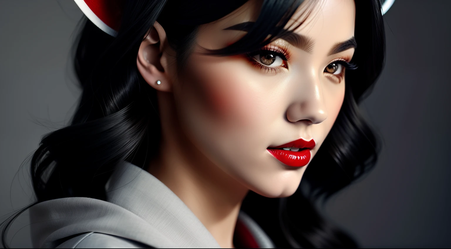 a digital model of a person with a wolf-like face and red lipstick, 1girl, solo, animal ears, red lips, looking at viewer, makeup, white robe, gray hairs, Red Collar, black collar, Red, portrait of Ahri, ig model | artgerm, Vampire White Fox, realistic art style, extremely detailed artgerm, style artgerm, artgerm. high detail