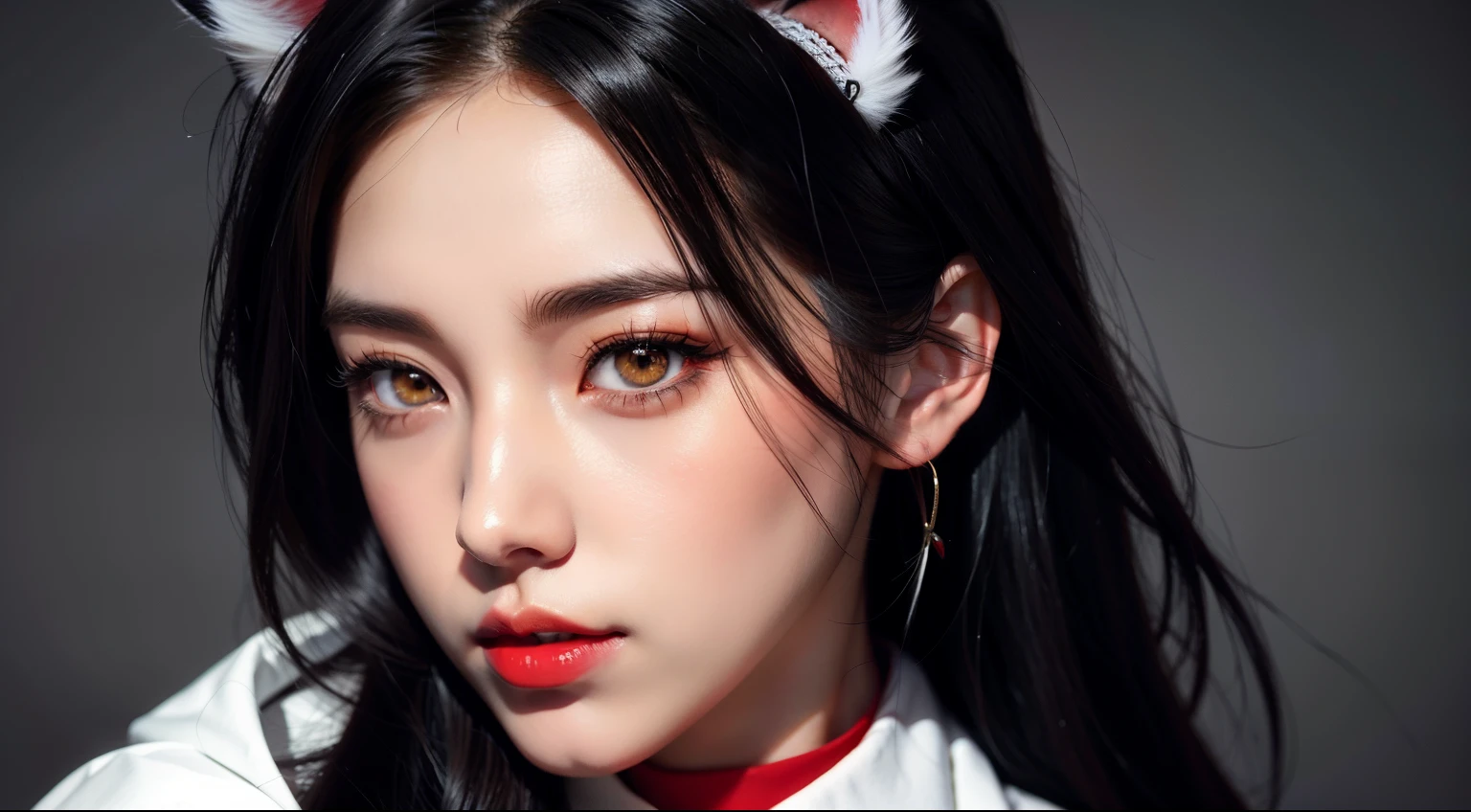 anime girl, cat ears, red-lips, white robe, gray hairs, Red Collar, black collar, Red, portrait of Ahri, ig model | artgerm, Vampire White Fox, realistic art style, extremely detailed artgerm, style artgerm, artgerm. high detail