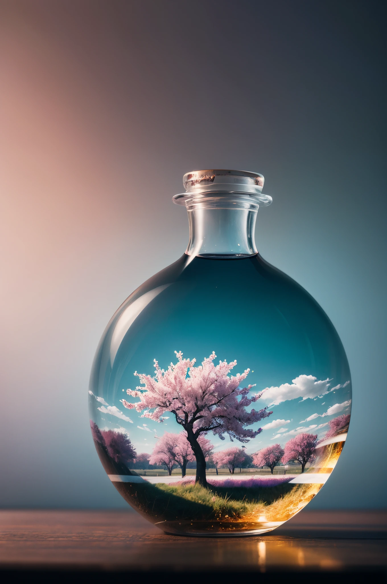 Cherry tree in a bottle, Fluffy, Realistic, Refraction of atmospheric light, Photographer: by Lee Jeffries, Nikon D850 Film Stock Photo 4 Kodak Portra 400 Camera F1.6 lens, saturated colors, Ultra realistic realistic textures, dramatic  lighting, Unreal Engine trending on ArtStation Cinestill 800, Style-Glass
