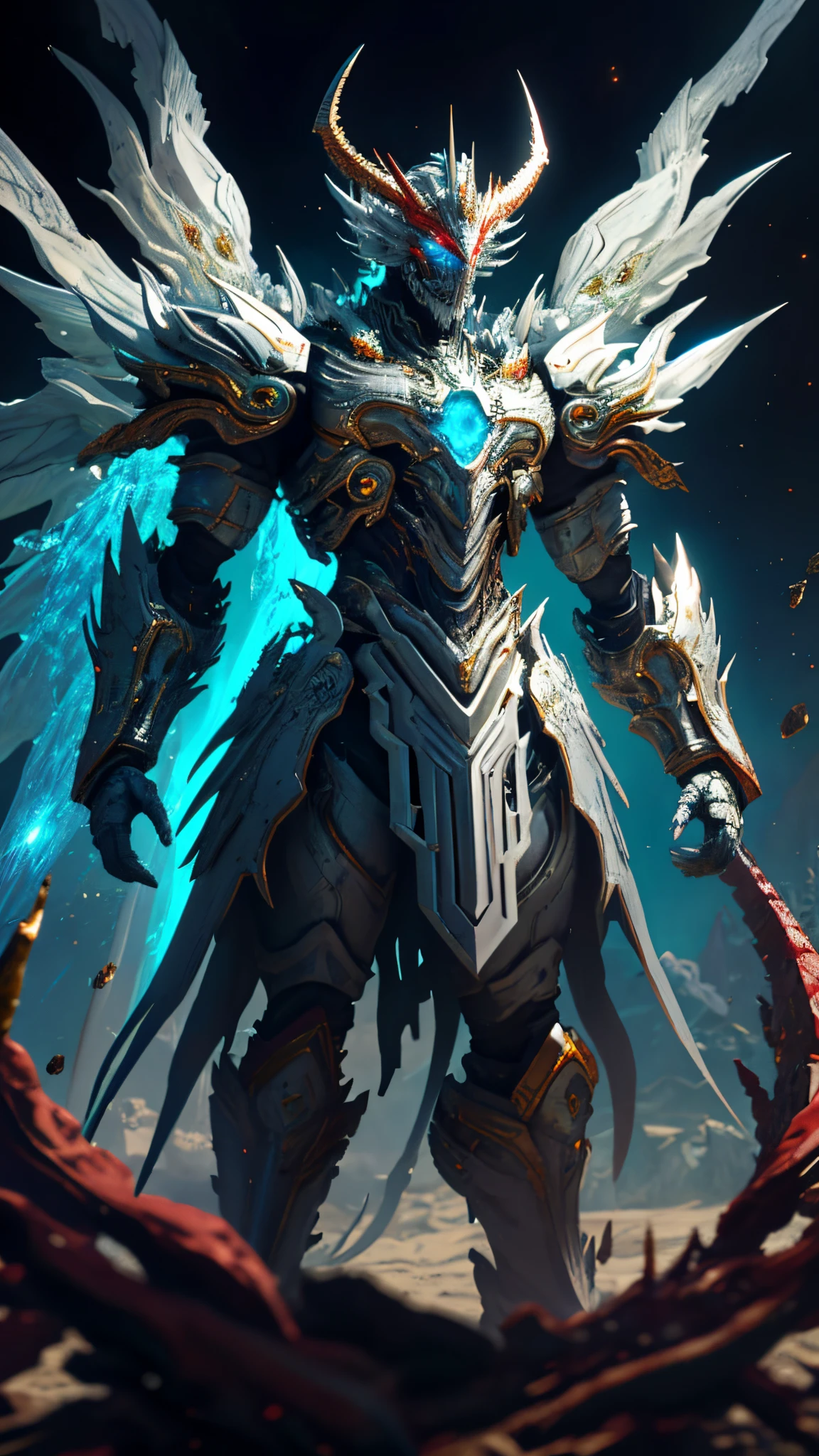 Silver-white God of War,True dragons((tmasterpiece)), (best qualtiy)), 8k, high detal, ultra - detailed, the Extremely Detailed CG Unity 8K Wallpapers, 1 Mech Boy,(Solo exhibition:1.2), {white bones|Silver refining|Ice crystals|Blood Demon|Phantom Dragon|thunder} armour,, sci-fy, karo, conflict, The movie is magnificent, (arma:1), full armour, (Floating color{ventania|Water magic|ink|crystal|firey|icey|firey|salama|rete|Rochas|sand|Particle|spark of light|blood}:1.2)