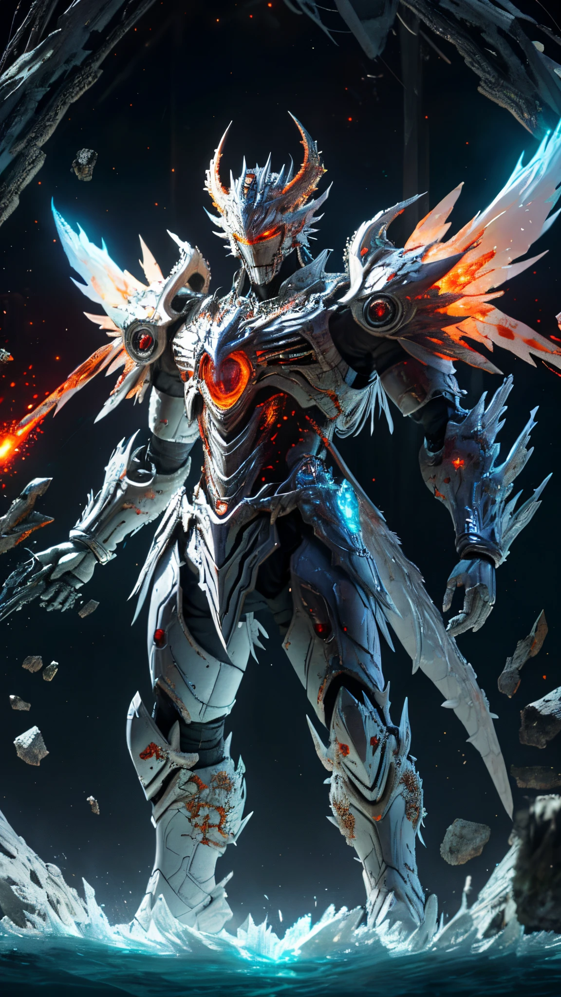 Silver-white God of War，True dragons（（tmasterpiece））， （best qualtiy））， 8k， high detal， ultra - detailed， the Extremely Detailed CG Unity 8K Wallpapers， 1 Mech Boy，（Solo exhibition：1.2）， {white bones|Silver refining|Ice crystals|Blood Demon|Phantom Dragon|thunder} armour，， sci-fy， karo， conflict， The movie is magnificent， （arma：1）， full armour， （Floating color{ventania|Water magic|ink|crystal|firey|icey|firey|salama|rete|Rochas|sand|Particle|spark of light|blood}：1.2）