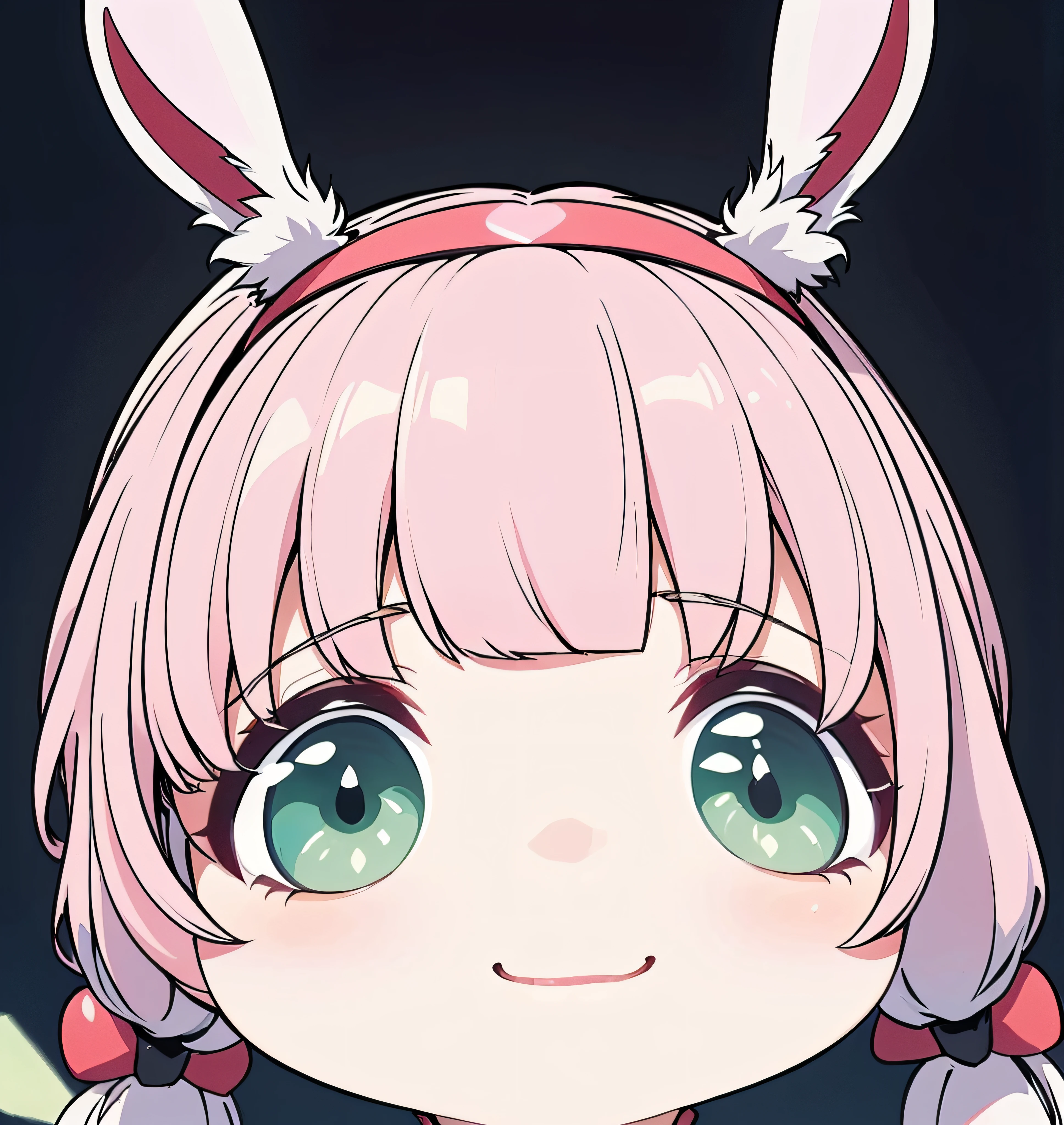 ((green pupils,pearl white hair)),cute anime face, kawaii , stylized anime, anime moe artstyle, detailed anime soft face, anime style. 8k, anime stylized, pretty anime face, cute character, extremely cute anime girl face, ****, (chibi),little shy smile,a cartoon girl with a pink bow,  bunny girl, with bunny ears, chibi,(big smiling), cute expression, she has a cute expressive face, clear cute face, Masterpiece,Best quality,blunt bangs,twintails,((((Red headbands on head)))),white background,((close-up))