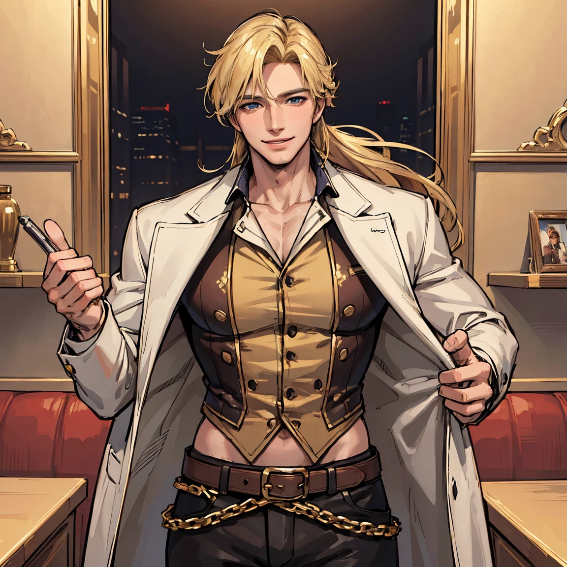 anime adult black man, male, long waist length bleached blonde hair, hair is waist length, long hair, hazel eyes,brown eyes, dark skin, lean build, Mid waist shot, sitting on edge of bed. Wearing black classical bellamy shirt with ruffles, with slacks. Masculine jawline. Has a sexually pleasured facial expression with a soft smile. Background is of an expensive bedroom with red colors with hints of green plants. Is holding a wine bottle,