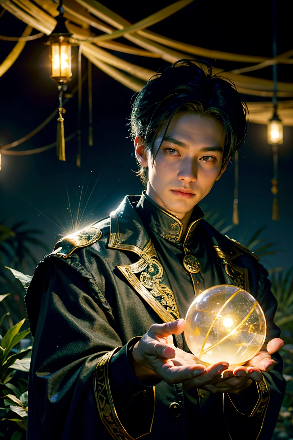 fortune teller man, 30-years old, Hold out a glowing orb, asian human, With lighting bolts from his fingers, Spring garden on the background, Daylight, The mood is working, resolute, UTIL, Intelligent, Character Design.Love fulfillment,Cleanliness, black suits