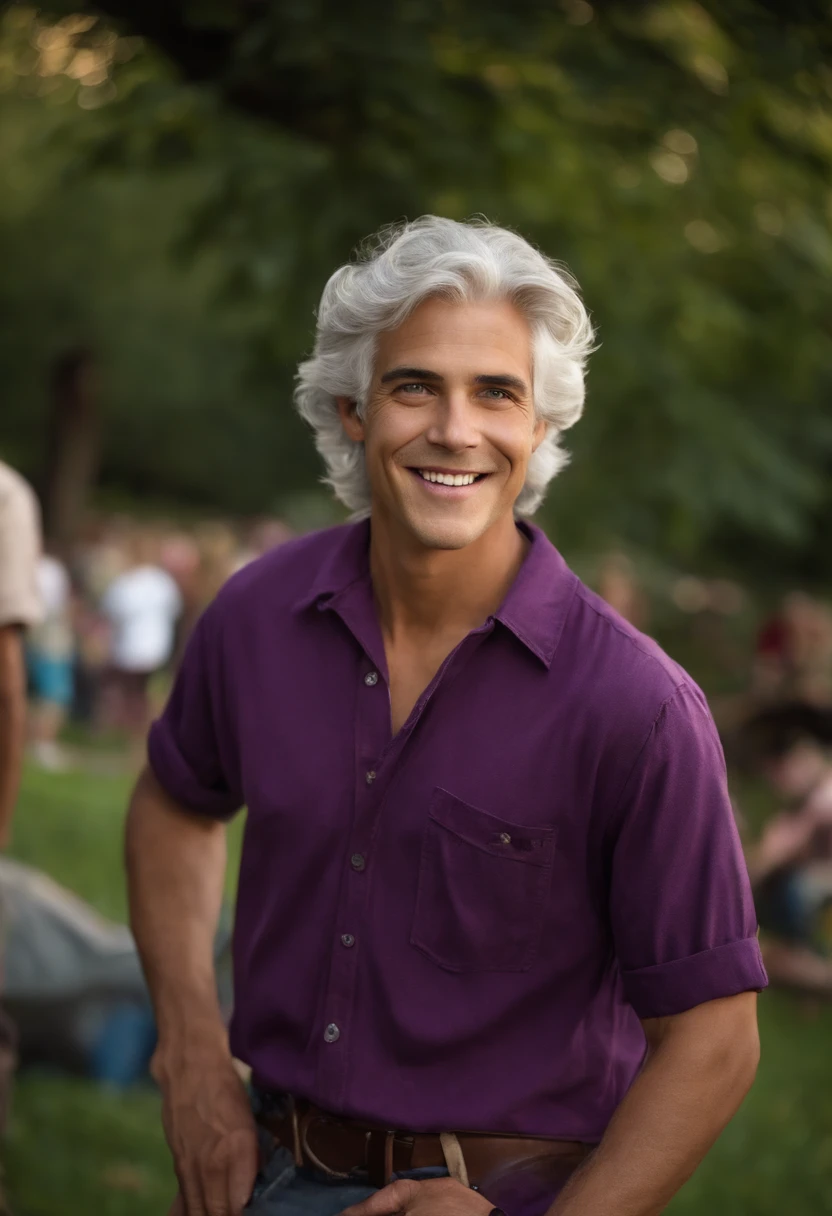 A photo of the character leading a group in a volunteer clean-up of a local park,original,silver haired man with purple eyes, kind face, sweet smile, sharp features, late teens