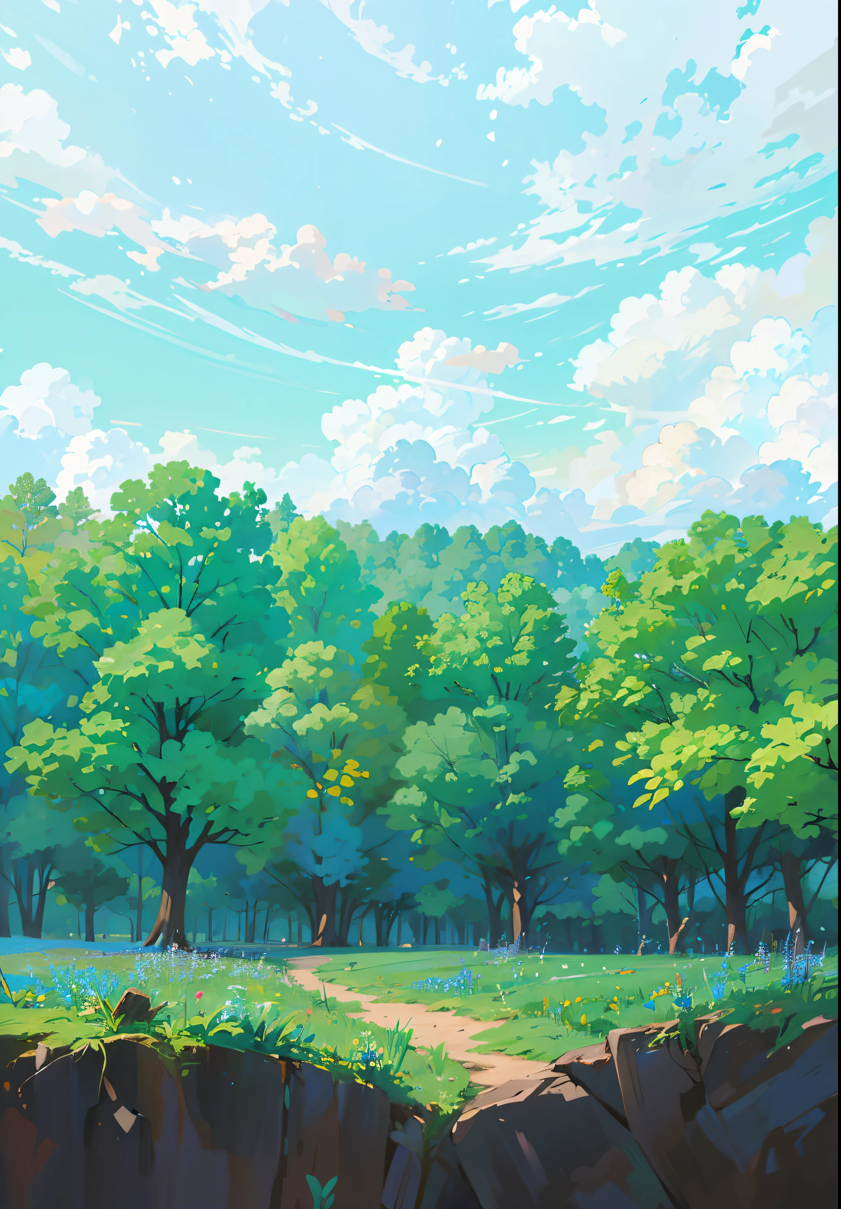 ((blue sky with clouds)), ground, forest under the sky