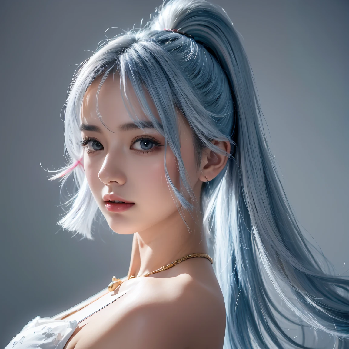 (masterpiece), (best quality), (ultra detailed),(disheveled hair),(illustration), (1girl), (Fashionable clothing), standing, Fashion model, looking at viewer, (interview), (simple background),beautiful detailed eyes, delicate beautiful face, Floating,(high saturation),(colorful splashes),colorful bubble,(shining), focus on face, ponytail, kamisato ayaka, light blue hair, bangs, hair ring, floating flowers, floating hairs, (shining), best lighting, best shadow,