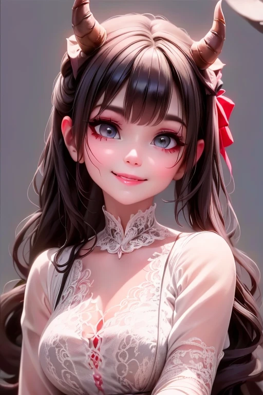 a close up of a horned demon girl smiling in a lace cloth outfit, snake eyes, black hair, red smokey eyes makeup, choke