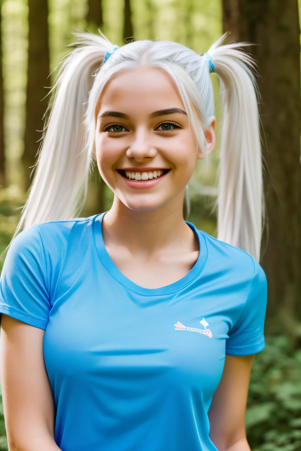 A girl, with white hair with two ponytails, wearing a blue T-shirt, in nature, smiling
