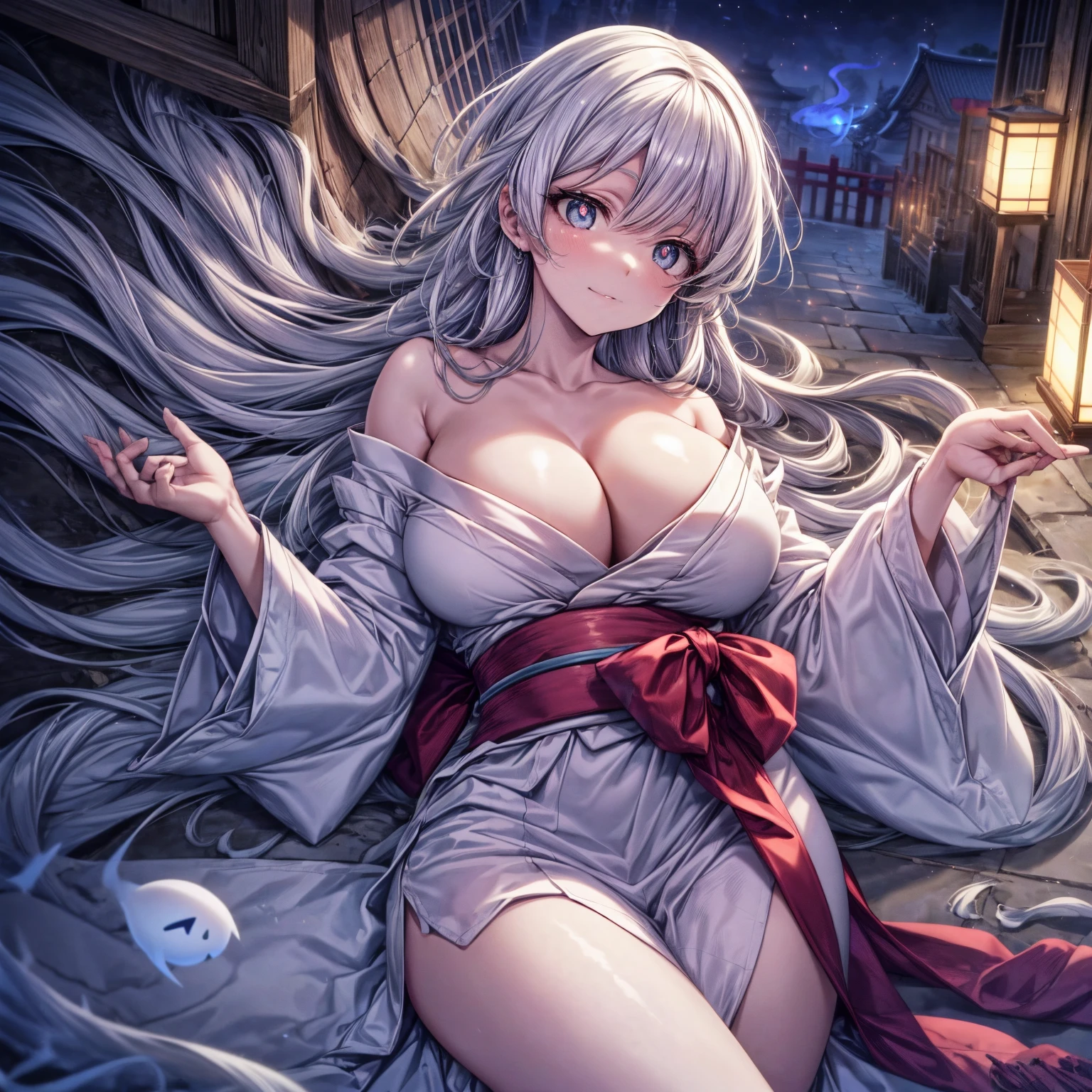 Masterpiece, 1girl,solo,huge breasts, ghost costume , (hitodama) ,night, tombstone, graveyard,,, long sleeves, very long sleeves, , ghost, pale skin,, off shoulder, cleavage, no bra, (((extremely long white hair))), lying by tombstone, bare legs, shredded tattered clothes, curvy wide hips, massive breasts, chubby thighs, (((beautiful bright pink anime eyes))), japanese temple, from above, sleeve covering hands