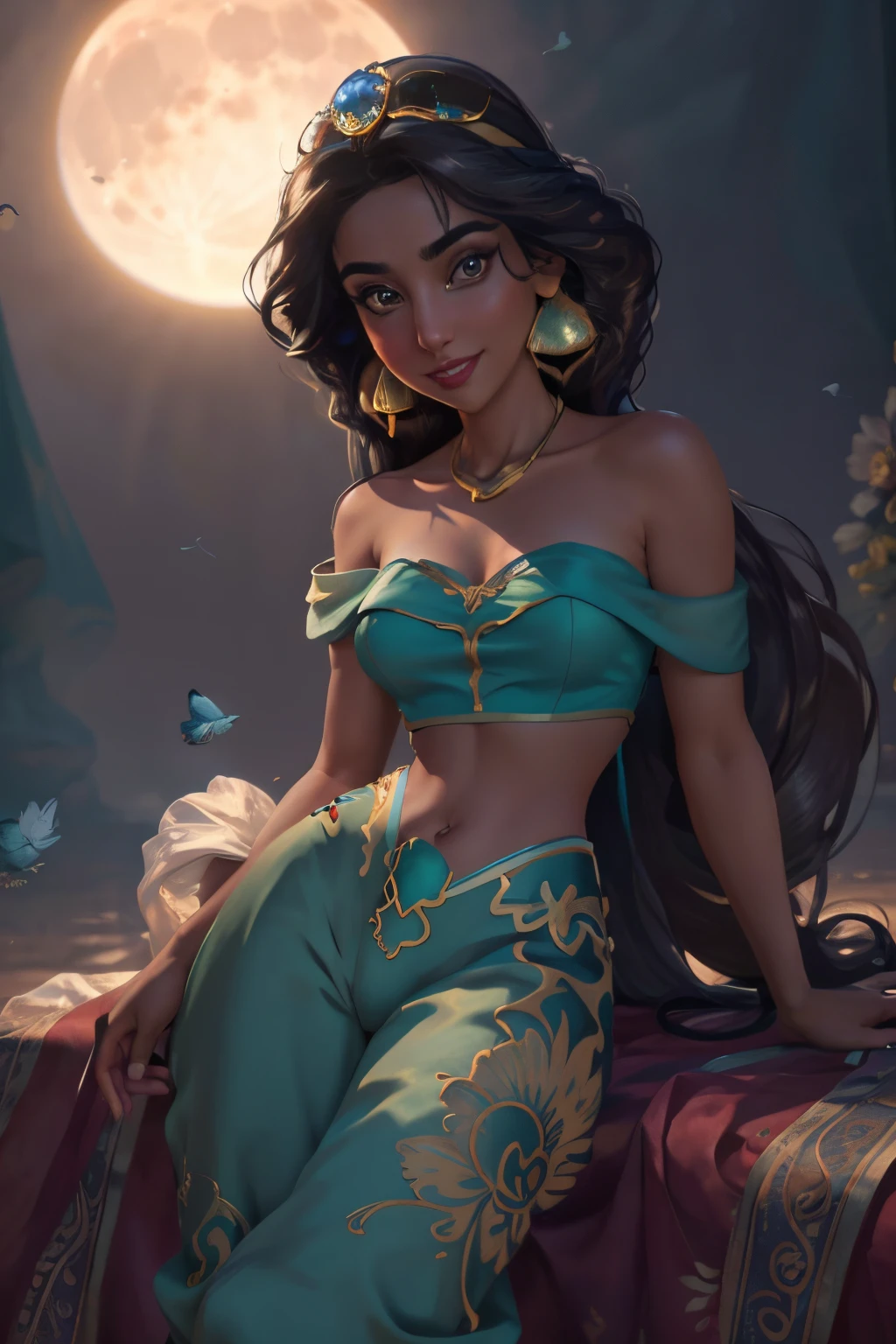 jasmine  1girl, solo, looking at viewer, smile, shirt, bare shoulders, jewelry, sitting, full body, flower, earrings, pants, off shoulder, crop top, makeup, bird, border, moon, full moon, off-shoulder shirt (realistic:1.2), (realism), (masterpiece:1.2), (best quality), (ultra detailed), (8k, 4k, intricate),(full-body-shot:1), (85mm),light particles, lighting, (highly detailed:1.2),(detailed face:1.2), (gradients), sfw, colorful,(detailed eyes:1.2)(detailed background),detailed landscape, (dynamic angle:1.2), (dynamic pose:1.2), (rule of third_composition:1.3), (Line of action:1.2)