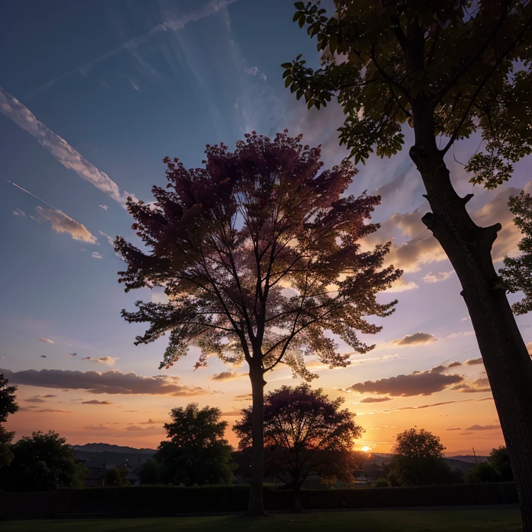 purple , orange , reddish , sky , evening , ray , tree