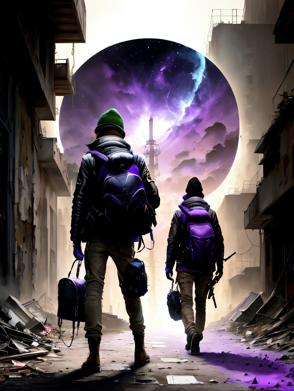 Pochette d'Album metal represents an orpheline évoluant in a world post-apocalyptique sur fond de couleur violette