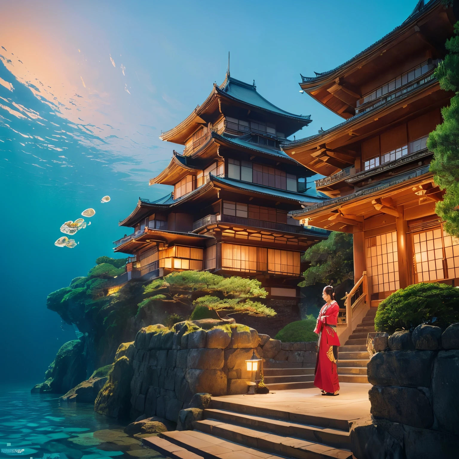 ((top-quality、masutepiece、8K、Top image quality、Very complex and detailed details、1 photo))、((One Princess、Otohime 1 person、luxurious courtesan costume、Luxurious furisode、gorgeous oOiran、I'm wearing a luxurious hairpin、Luxurious hair ornaments、Exterior view of a castle in the deep sea、Exterior of an underwater castle、I'm in a castle under the sea)、((The background is Ryugu Castle, it is very complex and detailed.、Beautiful Niwa-lacquered castle pillars、Luxury Japanese castle exterior、Niwa-nuri castle exterior、luxury tile roof、Gold decoration of Niwa-nuri Castle、Luxurious Japanese castle in red and gold、The most luxurious Ryugu Castle exterior、A complete reproduction of Ryugu Castle from Japanese folk tales、Exterior view of a Japanese-style sea castle、Exterior view of Ryugu Castle in the sea、A princess stands at the entrance to Ryugu Castle.)))、(View me、smil、A smile、Look at viewers、photo of her upper body、Complete reproduction of Ryugu Castle under the sea、Perfectly depict detailed and complex underwater scenes)