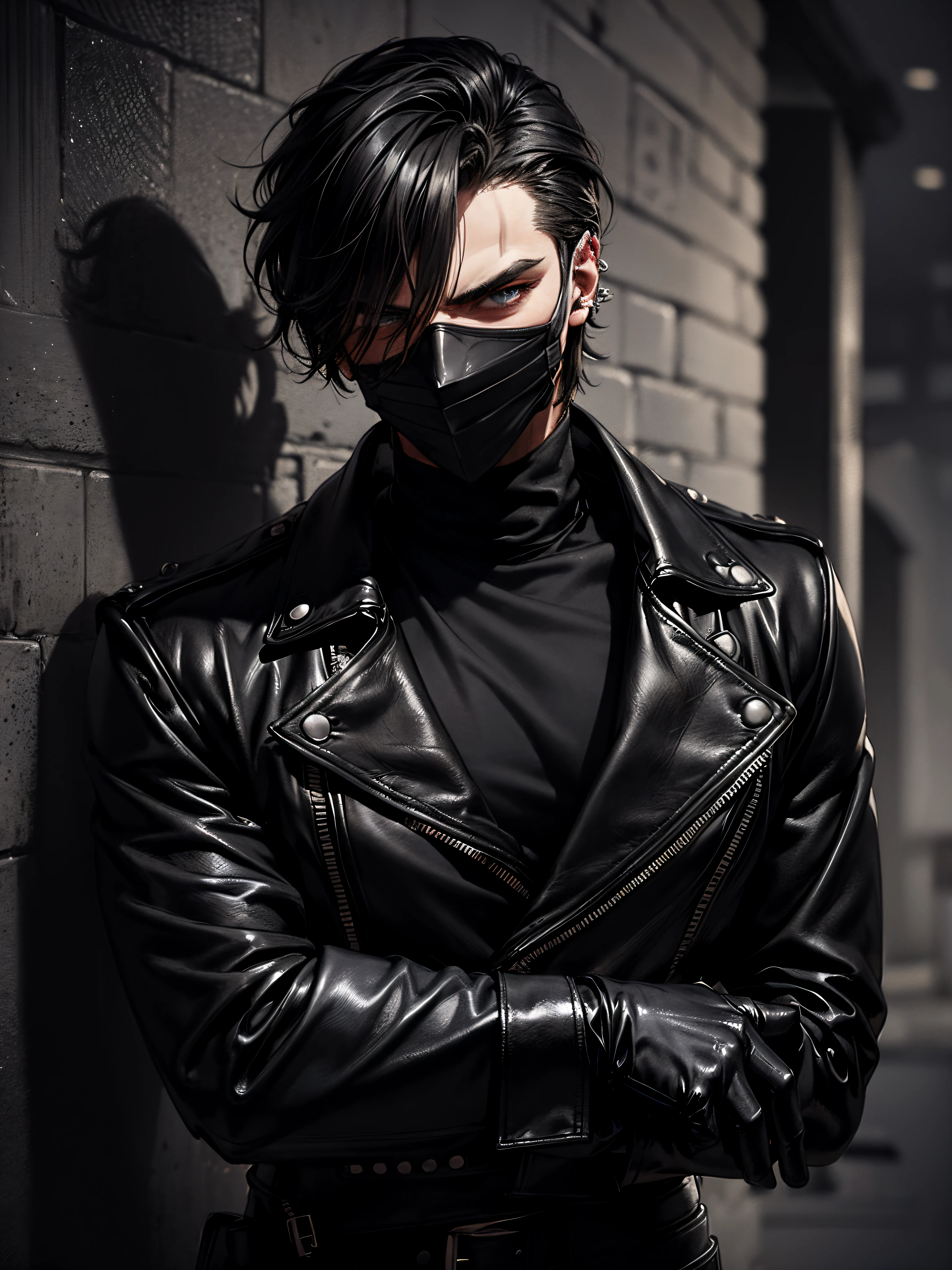 (1 male, man, a man 20-30 years old), gothic rock style, handsome, attractive, sexy, a fierce look, piercing gaze, cold eyes, black hair, (dressed in a black leather jacket with rolled up sleeves, black turtleneck, black leather pants, heavy boots, black leather gloves on both hands, the face is covered with a black mask), tattoos, leaning against the wall