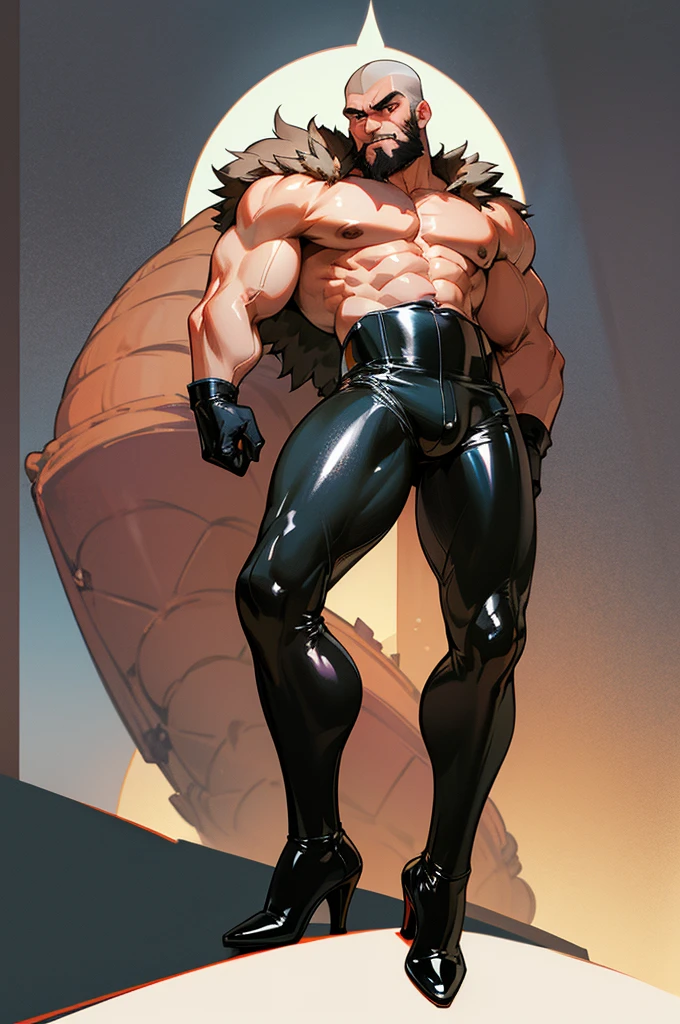 overview and full-body of a man standing shirtless, with a leather harness. rugged very thick muscles, thick long black beard, shaved head, tight shiny black latex shorts, high heels shoes, legs apart, big bulge