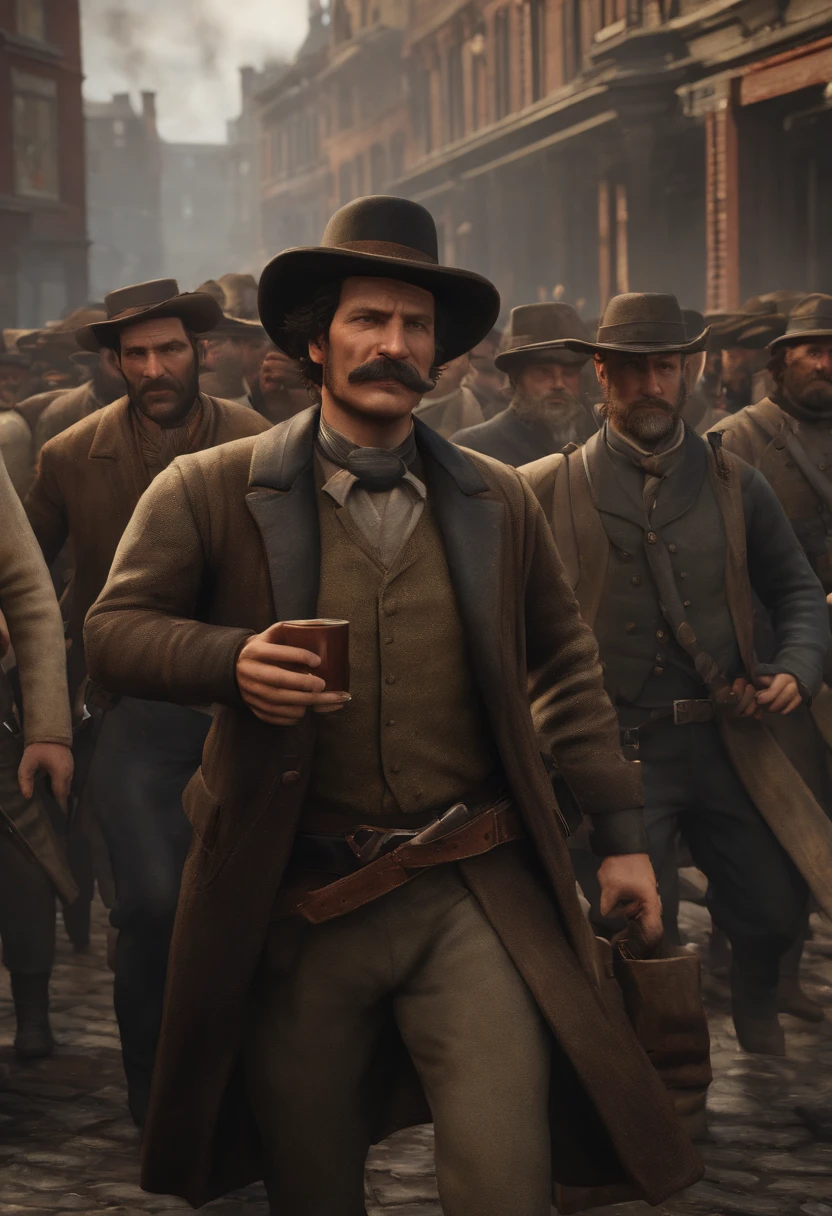 A picture of Dutch leading a group of rebels in a protest march through the city streets.,Red Dead Redemption 2,Well groomed man in late forties early fifties. Oily black hair which is swept back, neatly trimmed black moustache with patch of beard on his chin. Favours a black pork pie fedora hat.
