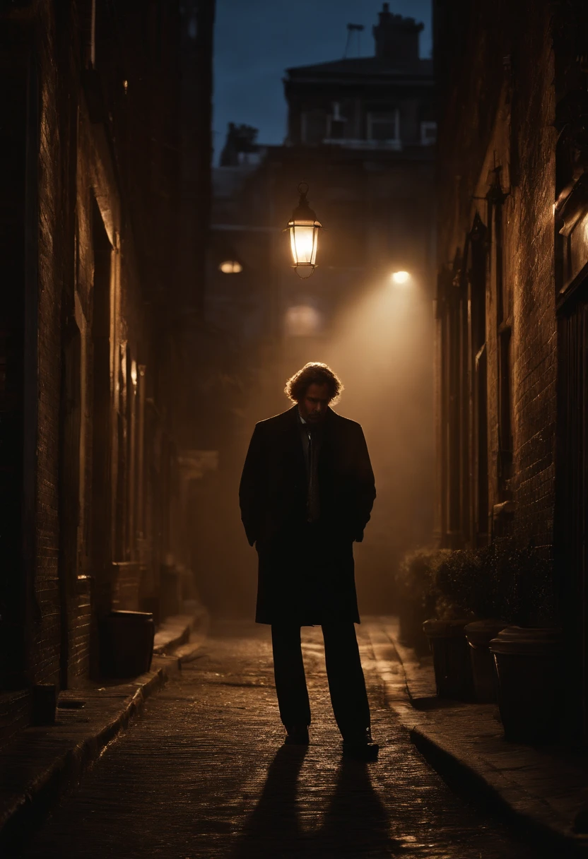 A shadowy figure standing at the entrance of a dimly lit alley, surrounded by lingering mist and the flickering glow of streetlights.,original,Vincent “Vortex” Malone, with his disheveled appearance, is often seen in a dimly lit room, surrounded by screens and stacks of obscure books and papers. His wild, unkempt hair and intense, piercing eyes reflect his immersion in the world of conspiracy theories.