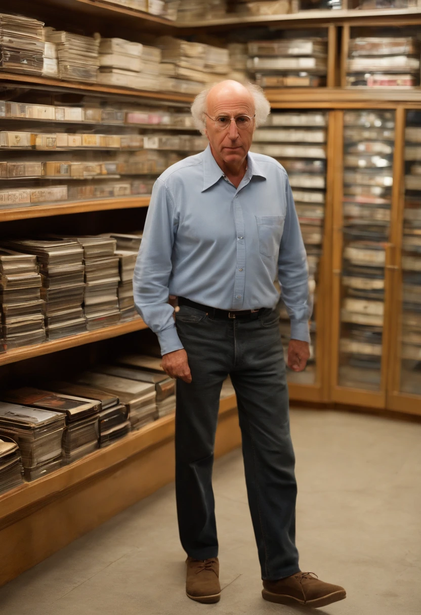 A photo of Larry browsing through a vintage record store, scowling at the selection.,Curb Your Enthusiasm,Larry David, the character from “Curb Your Enthusiasm,” mirrors his real-life counterpart with a casual, often disheveled appearance, typically seen in khaki pants, a loose-fitting shirt, and sneakers. He is balding, with a rim of curly hair, and he carries a bemused expression that often shifts into one of exasperation or incredulity