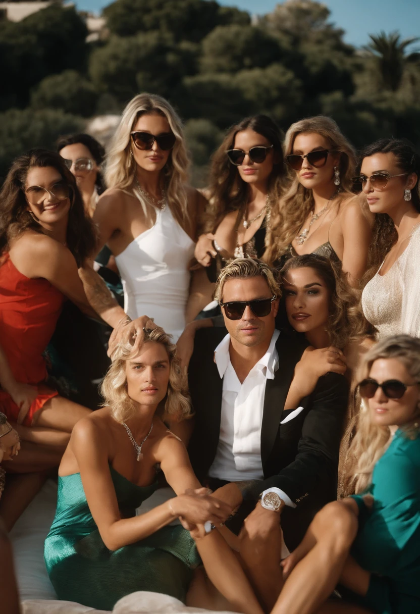 A photo of Zane surrounded by a group of young women, all dressed in provocative outfits, at a private villa party in Ibiza.,original,a flamboyant and notorious DJ, is known for his ostentatious style, often sporting flashy designer outfits, oversized sunglasses, and a constantly changing, bold hairdo, making him a conspicuous figure in the party circuit. His appearance screams excess and indulgence, matching his larger-than-life persona that’s constantly documented and flaunted on social media.