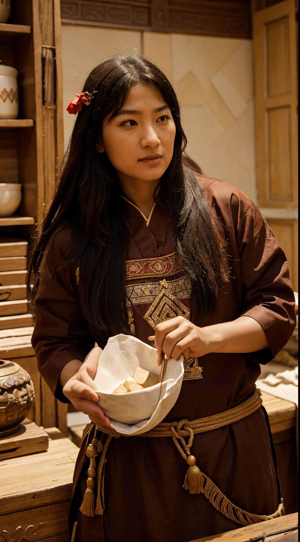 Illustrate the cultural exchange fostered by Genghis Khan, showcasing scenes of people from different backgrounds sharing knowledge, traditions, and art. A historic theme based photo
