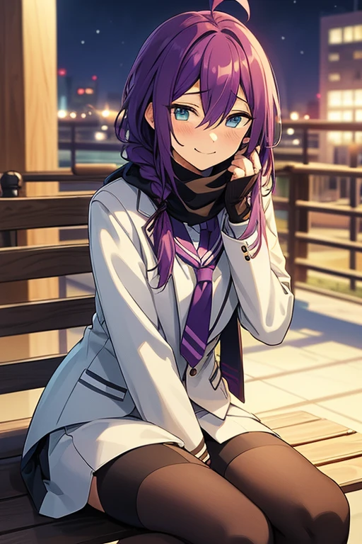 long hair, mole under mouth, purple hair, single braid, hair between eyes, aqua eyes, ahoge, 1girl, blush, smile, cowboy shot, white shirt, necktie, black blazer, school uniform, plead skirt, scarf, winter, night, closed mouth, sitting on bench, zettai ryouiki, stockings