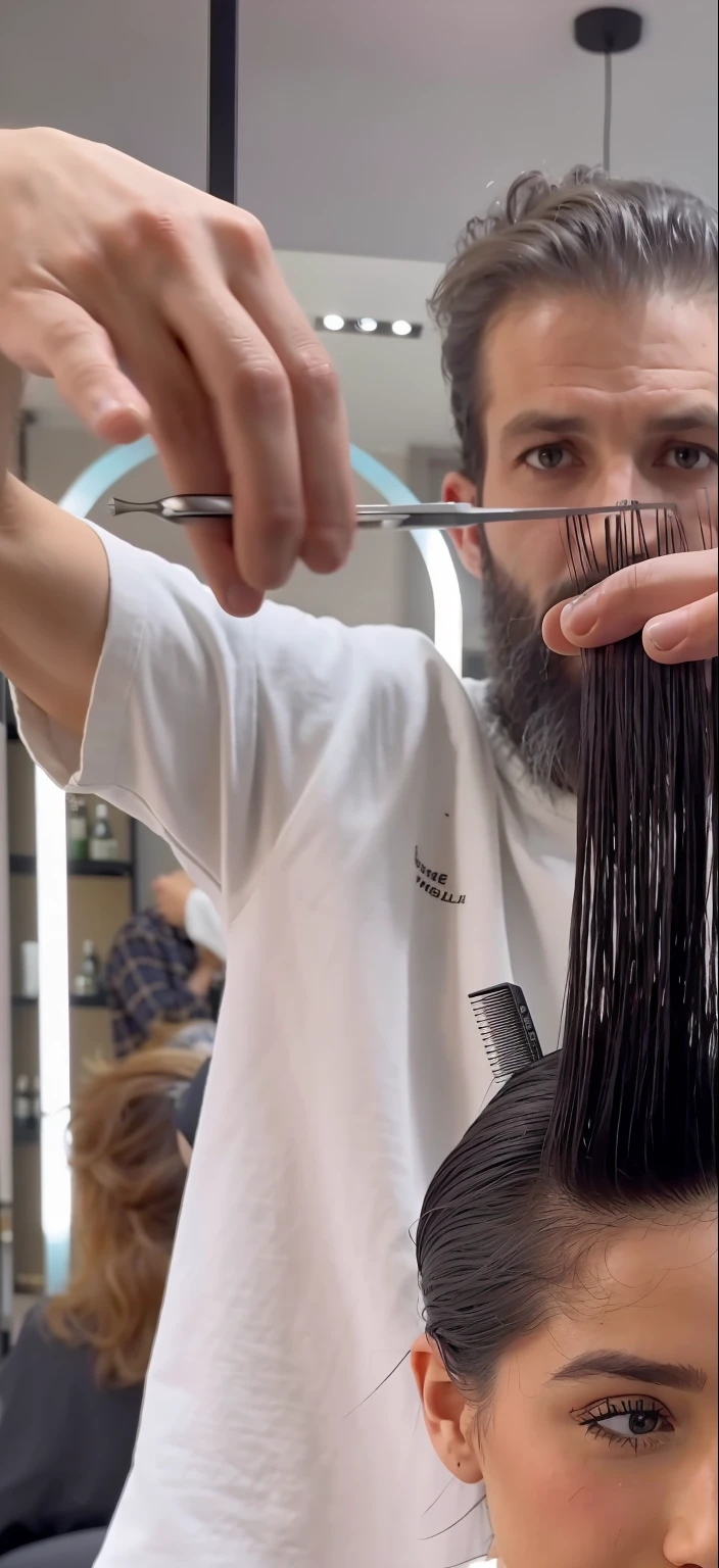 une femme arafée se fait couper les cheveux par un homme dans un salon de coiffure, La coupe Hime, cheveux bourdonnants sur la tempe, court lisse - poils du dos, très court lissé - cheveux en arrière, tête et épaules pleines, Coupe de cheveux Bob, Détails des cheveux, Taillés, cheveux lissés en arrière, cheveux courts avec gel, cheveux courts sur les côtés de la tête, faits saillants