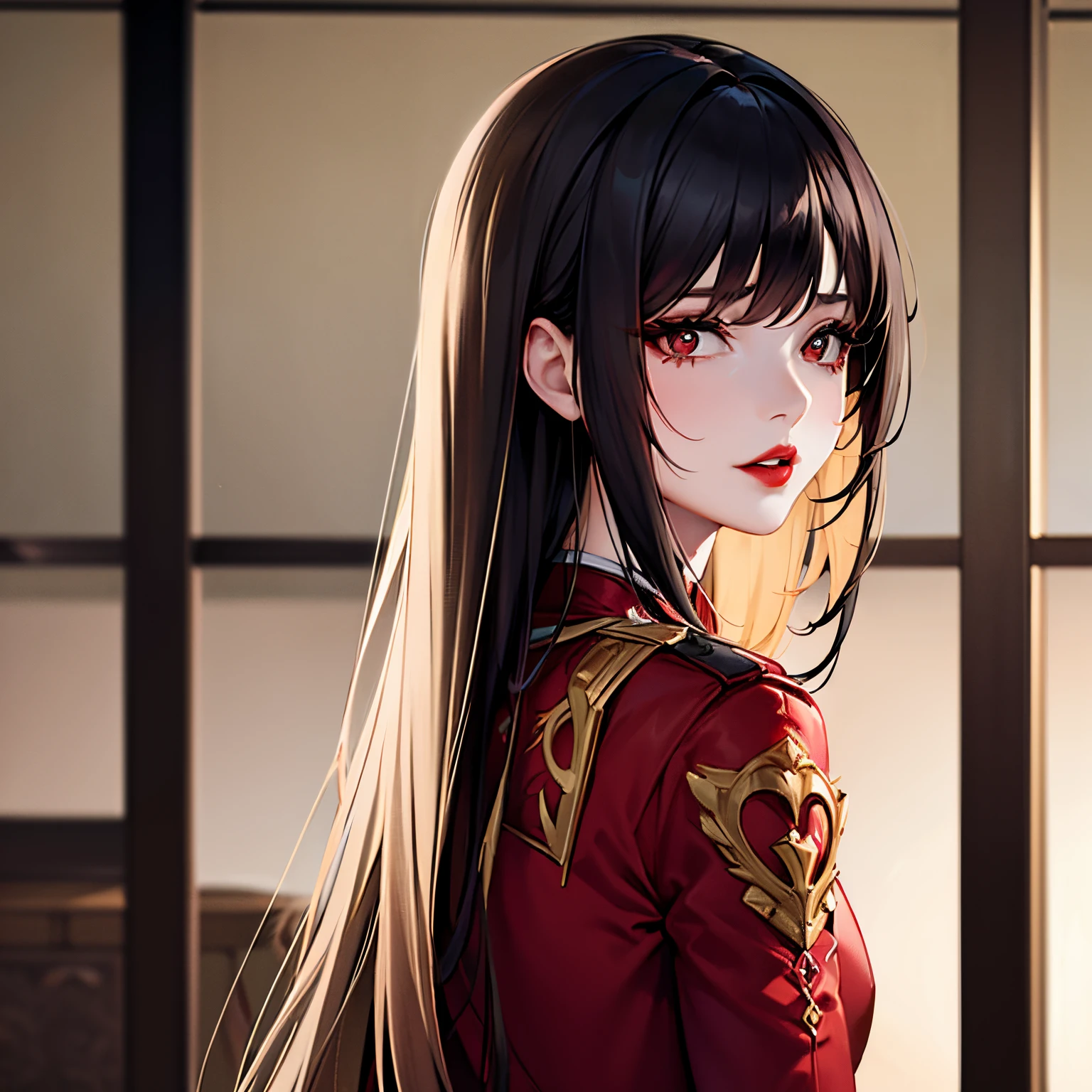 Woman. Waivy shoulder-length hair. Black hair with blonde front strands. Hair styled back. Scarlet-red suit. Red lipstick on lips.