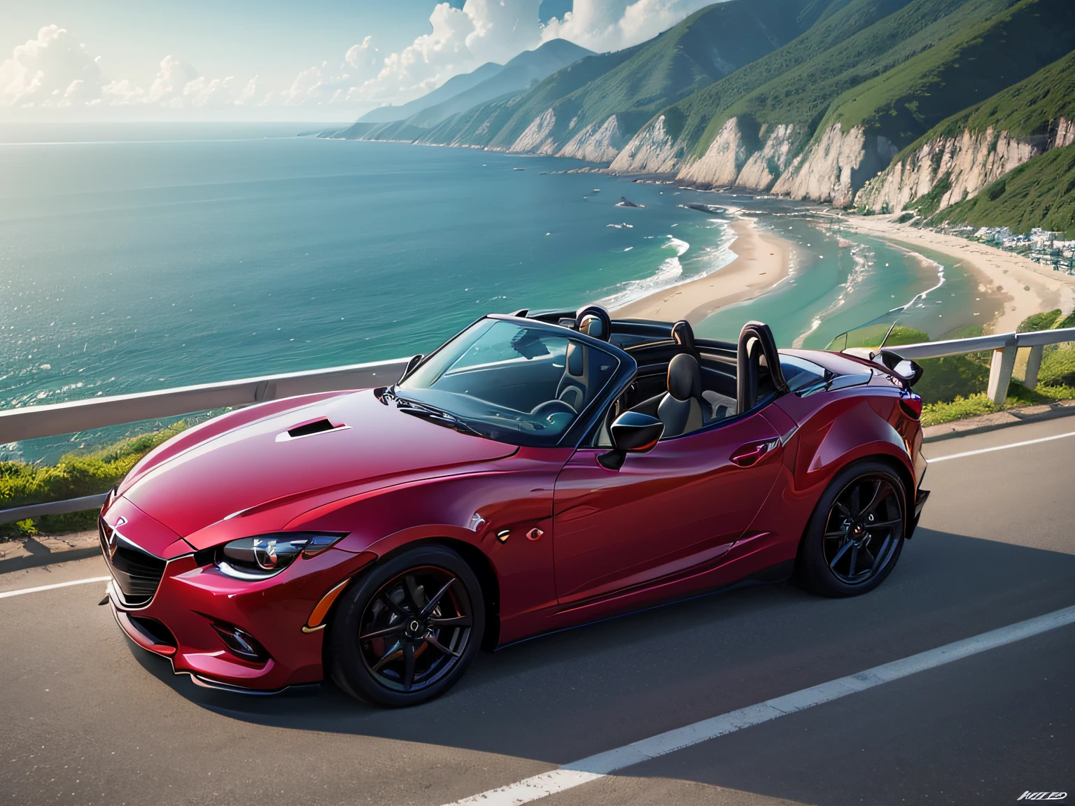 超A high resolution、An ultra-high picture quality、8K、Detailed details、marvelous expression、early summer coastline、Beautiful fresh greenery and lapping waves、A white car runs elegantly on a mountain pass road built along the coast..、((Mazda Roadster 1600ST ))