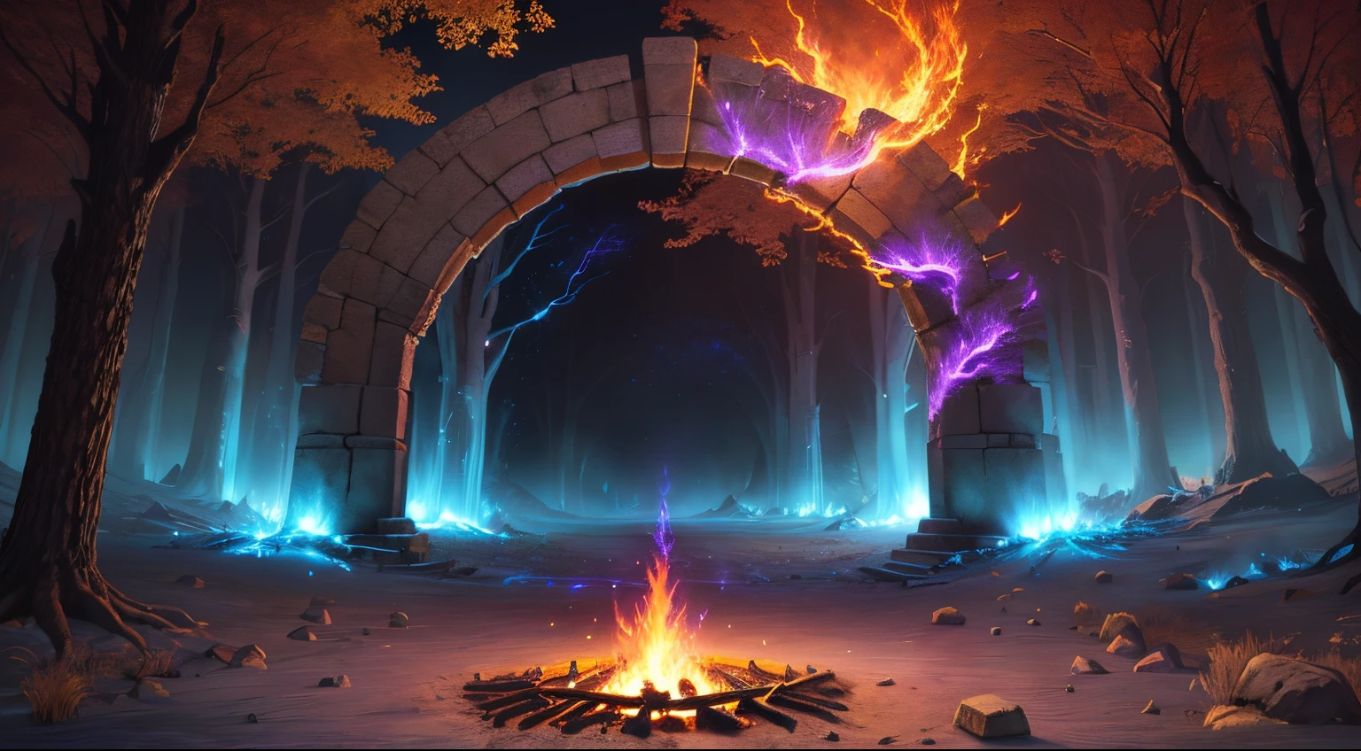 a fire is shown in an open pit surrounded by trees and a stone arch is behind it, tree, nature, Portal to the Realm of the Lost Flame, A magic portal has been opened, odin's stone arena background, holy fire spell art, Purple fire around the Magic Arena, A vortex portal expels the elders, background art, Campfire background, Magic Gateway Portal, background illustration, holy flame spell, Mana, flowing around him