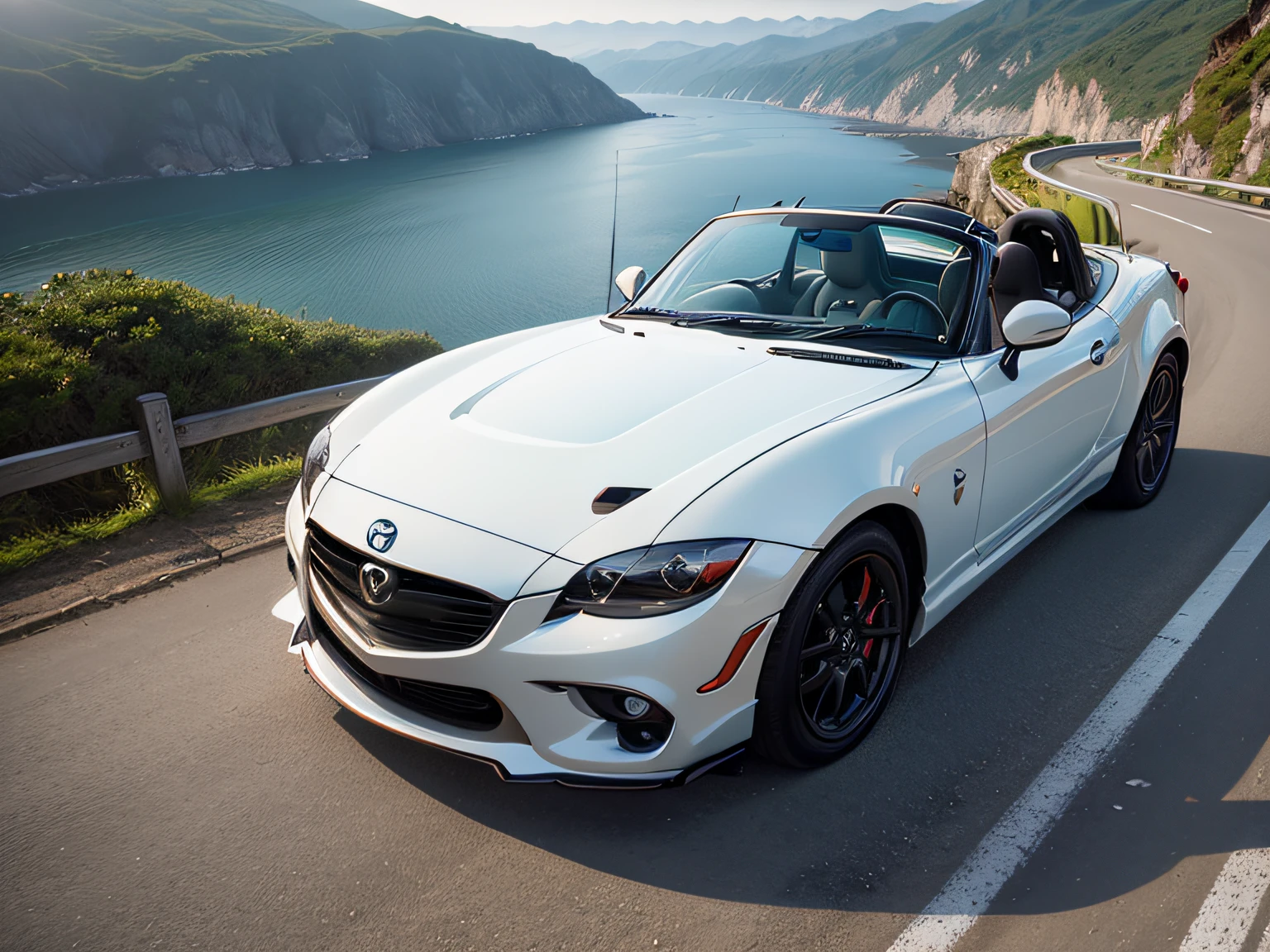 超A high resolution、An ultra-high picture quality、8K、Detailed details、marvelous expression、early summer coastline、Beautiful fresh greenery and lapping waves、A white car runs elegantly on a mountain pass road built along the coast..、((Mazda Roadster 1600ST ))