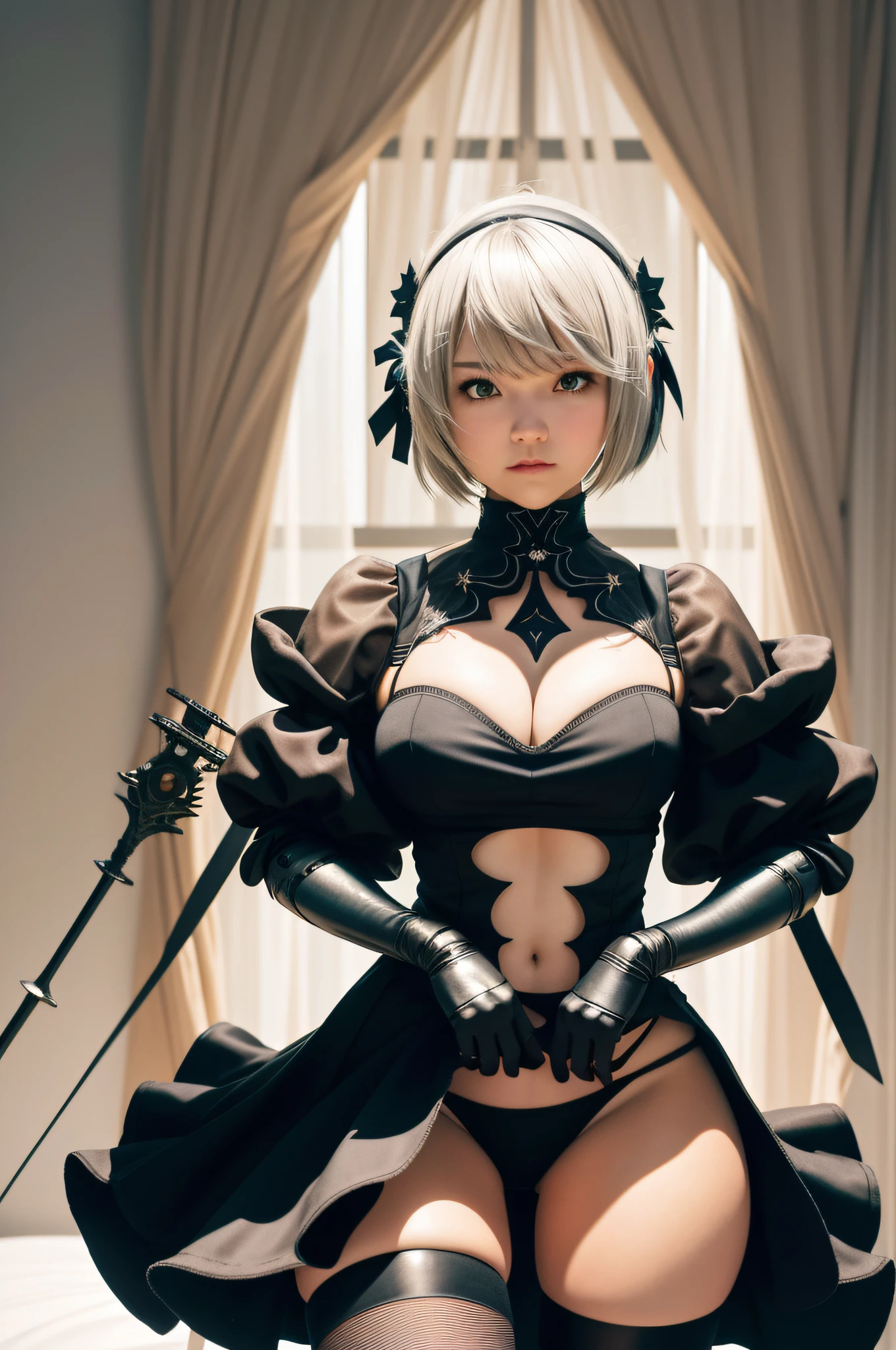 Close-up of a person in costume on a bed, 2 b from nier automata, 2b from nier automata, 2b Deny automata, 2b, 2 b, Neil 2 B, nier inspired, nier : automata inspired, nier:automata inspired, Anime girl cosplay, the anime girl is crouching, nier autoamata
