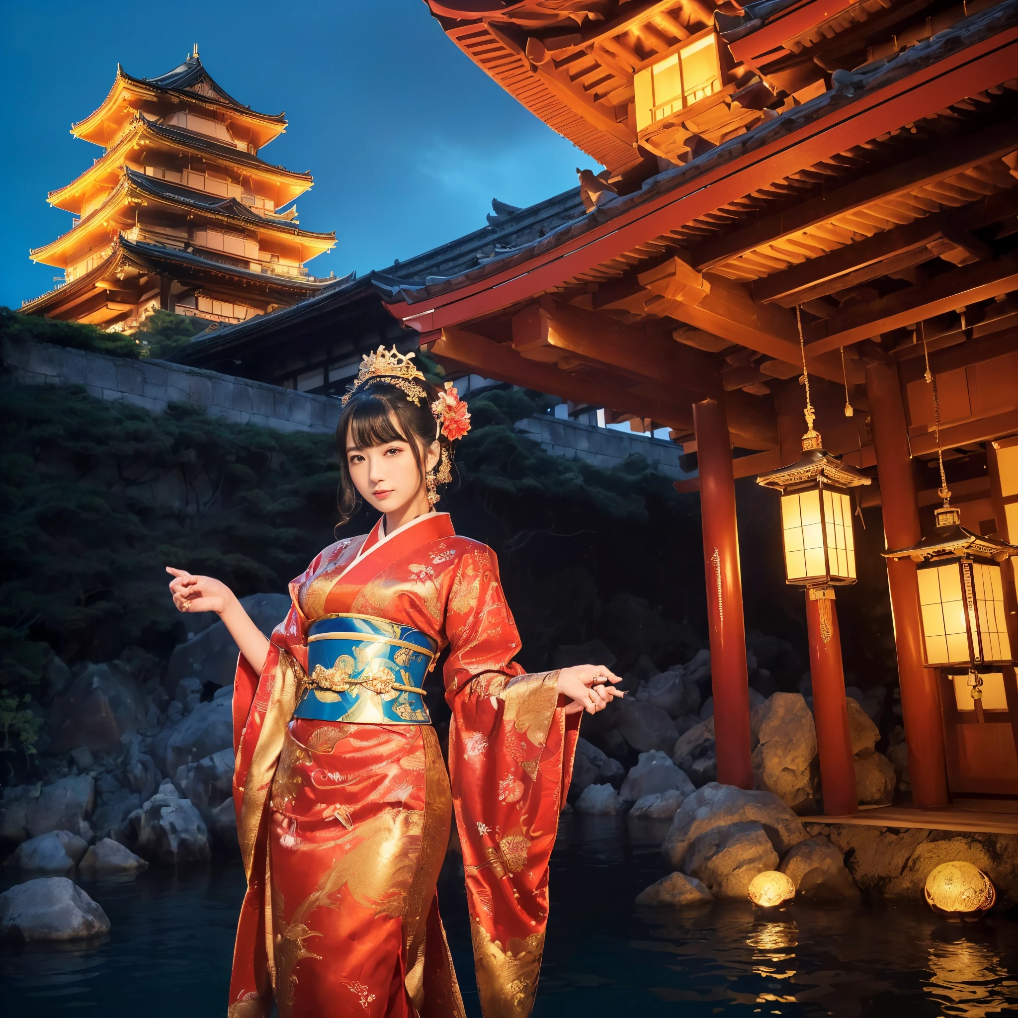 ((top-quality、masutepiece、8K、Top image quality、Very complex and detailed details、1 photo、luxurious and vivid))、((One Princess、Otohime 1 person、She wears a gorgeous courtesan costume、Luxurious furisode、She wears gorgeous Oiran clothes、she is wearing a gorgeous hairpin、Luxurious hair ornaments、Exterior view of a castle in the deep sea、Exterior of an underwater castle、I'm in a castle under the sea、Her upper body、Take a photo of her from the waist up)、((The background is Ryugu Castle, It is a very intricate and detailed Japanese castle、Beautiful Niwa-lacquered castle pillars、Luxury Japanese castle exterior、Niwa lacquered castle exterior、luxury tile roof、Gold decoration of Niwa-nuri Castle、Luxurious Japanese castle in red and gold、Lantern light、The exterior of the Niwa-lacquered castle emits a red glow、Exterior view of a Japanese castle on the ocean floor、Exterior view of Ryugu Castle in the sea、A princess stands at the entrance to Ryugu Castle.)))、(View me、Big smile、Look at viewers、photo of her upper body、Complete reproduction of the Niwa-lacquered castle on the ocean floor、Perfectly depict detailed and complex underwater scenes)
