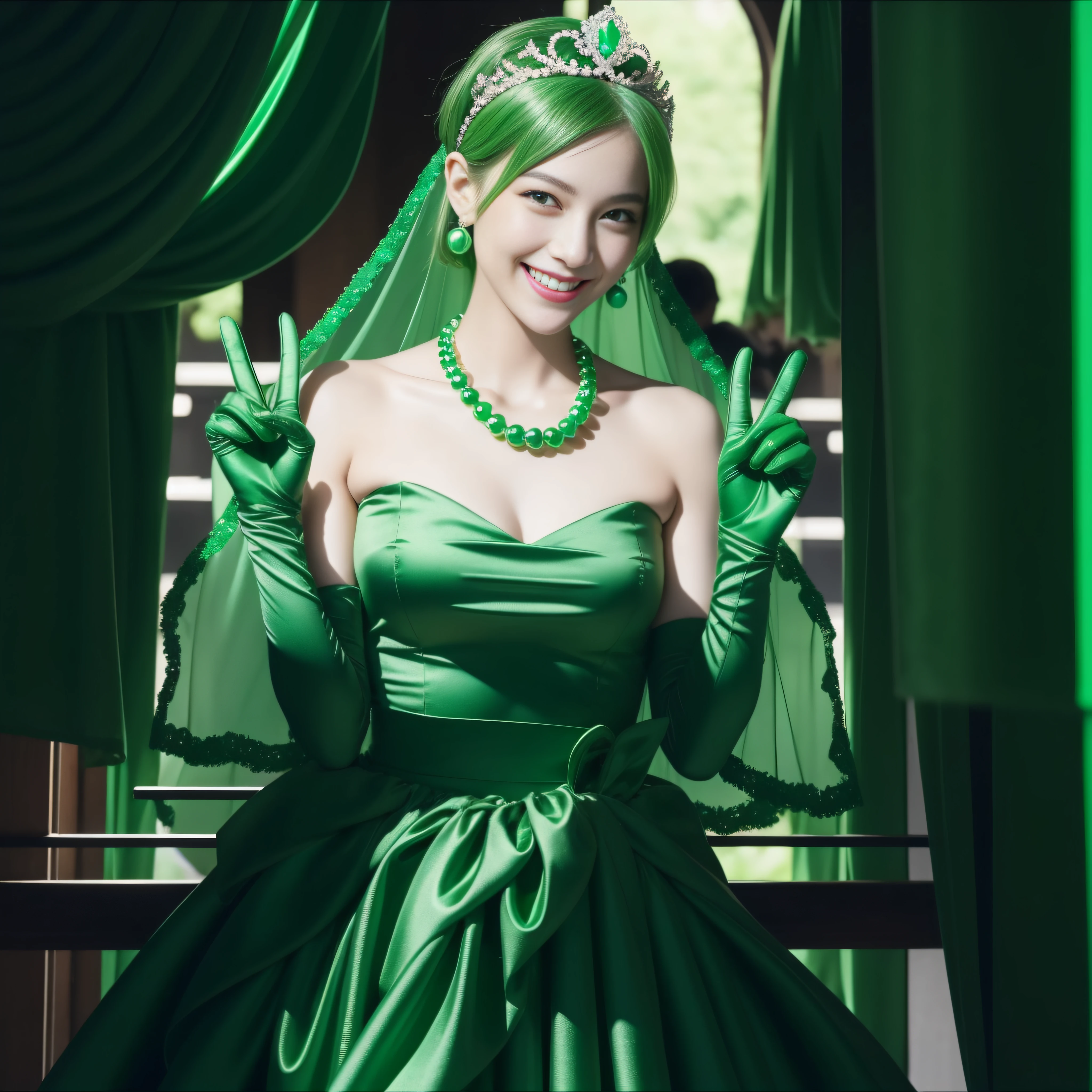 emerald tiara, Green Pearl Necklace, Boyish very short green hair, lipsticks, Japan woman smiling, very short short hair, big breasts beautiful, Green eyes, Long green gloves made of satin material, Green eyes, v sign,V-sign with both hands, Emerald Earrings