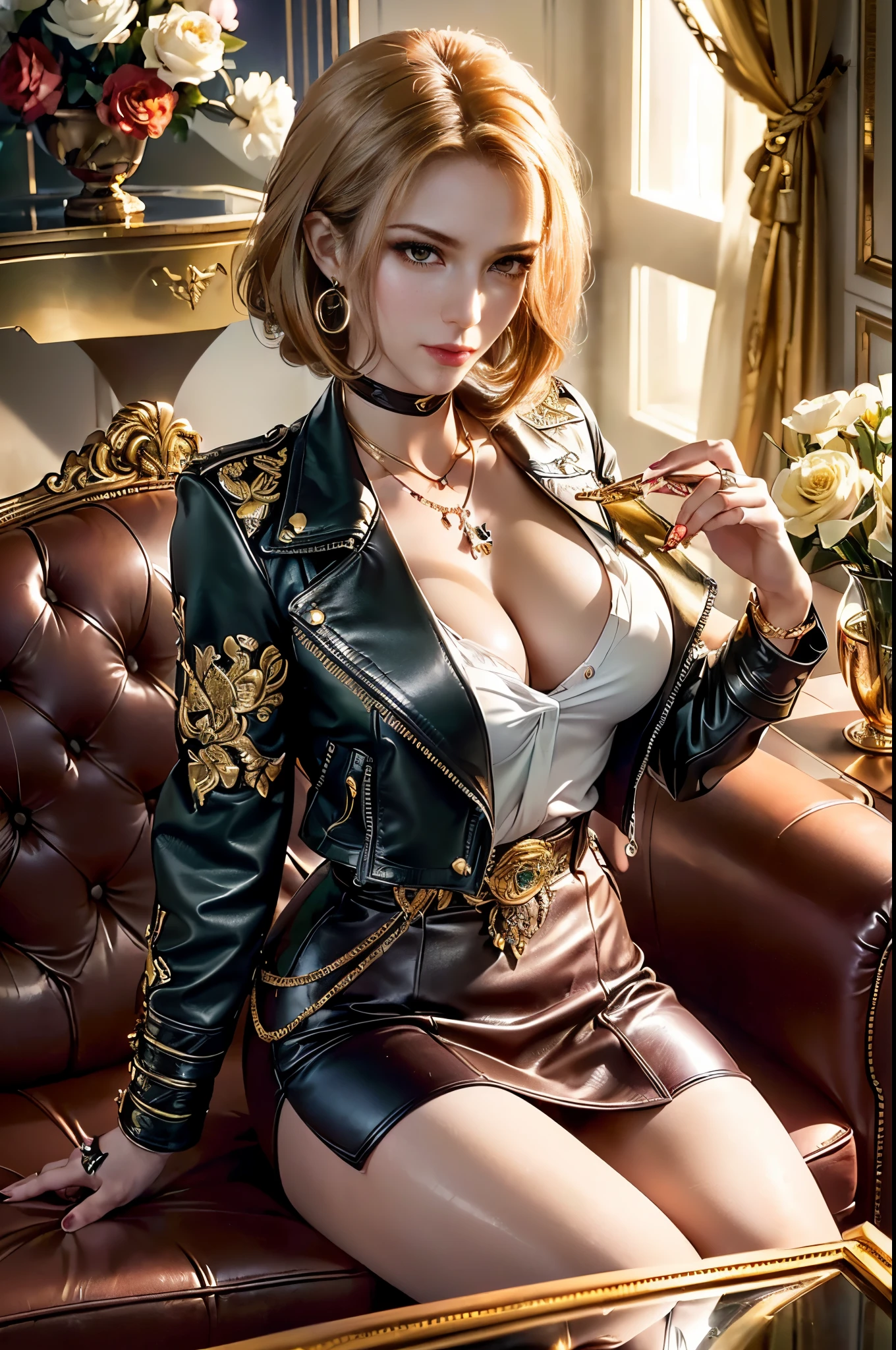 (beautifull mafia lady, medium bob hair, sitting on sofa, holding gold bar, gold bar everywhere, gold belt, detail luxury hairpin, mafia house, (luxury house ornament), (detail luxury leather jacket), (detail luxury leather skirt), expensive detailed necklace, flower vase on glass table,  beautifull face, pretty face, beautifull eyes, beautifull nose, sexy lips, polished nails, raytracing, beautifull fingers, beautifull hands, sexy belly, sexy body, sexy shoulders, sexy hips, (luxury arm ornament), (luxury bracelet), (luxury ring), (luxury necklace), (luxury earring), (4 fingers in 1 hand), full body picture, pretty makeup, perfect anatomy, good lighting, professional photoshoot, closed up shoot, photomodel, photogenic, sfw